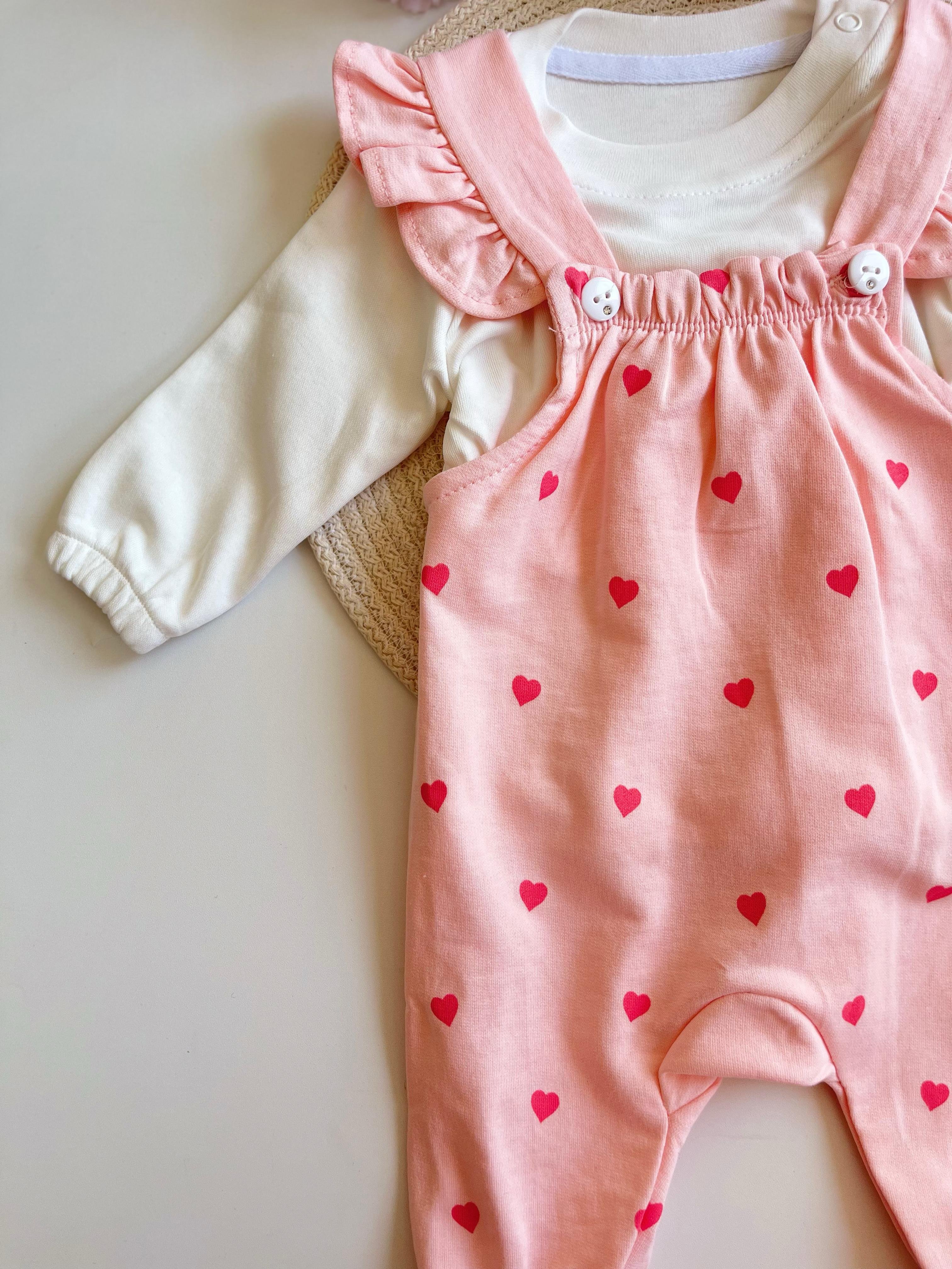 Kız Bebek Kalp Desenli Salopet 2'li Set