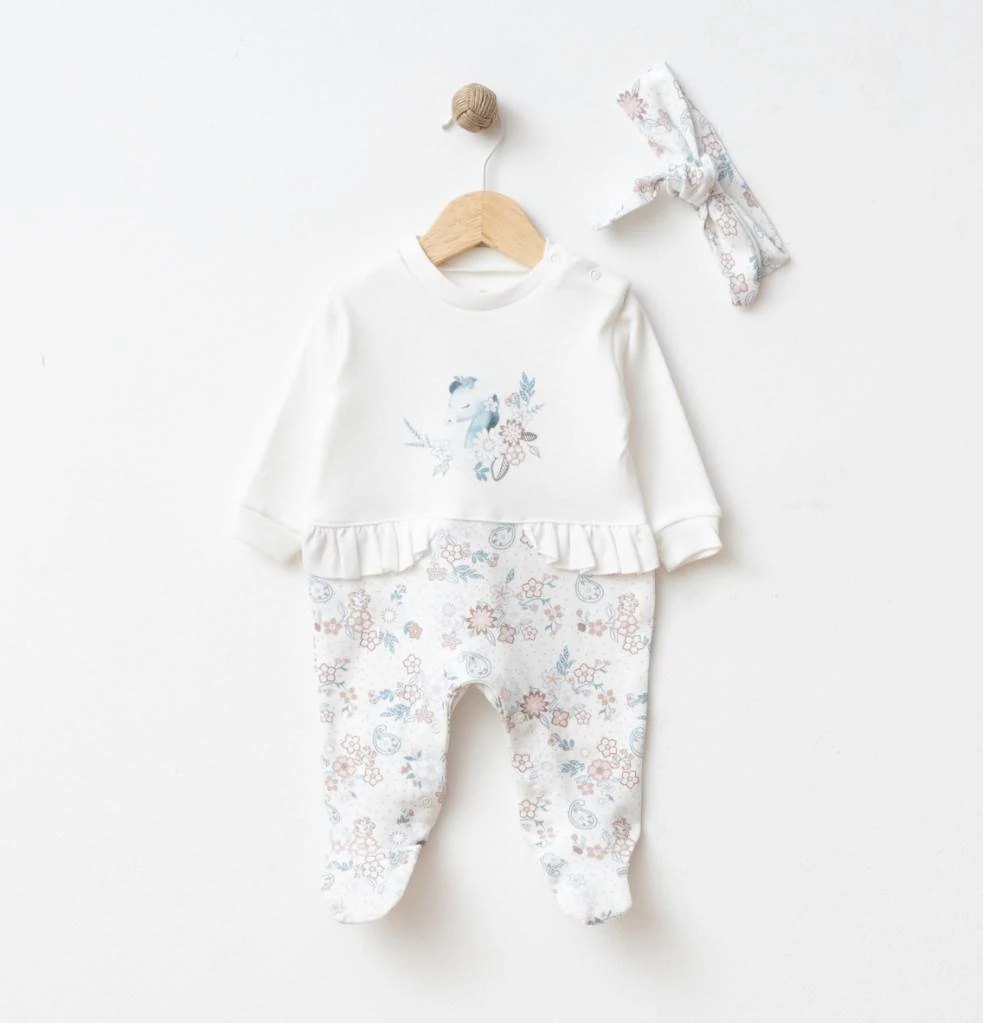 Kız Bebek Deniz Atı Desenli Bandana Tulum Set - Krem