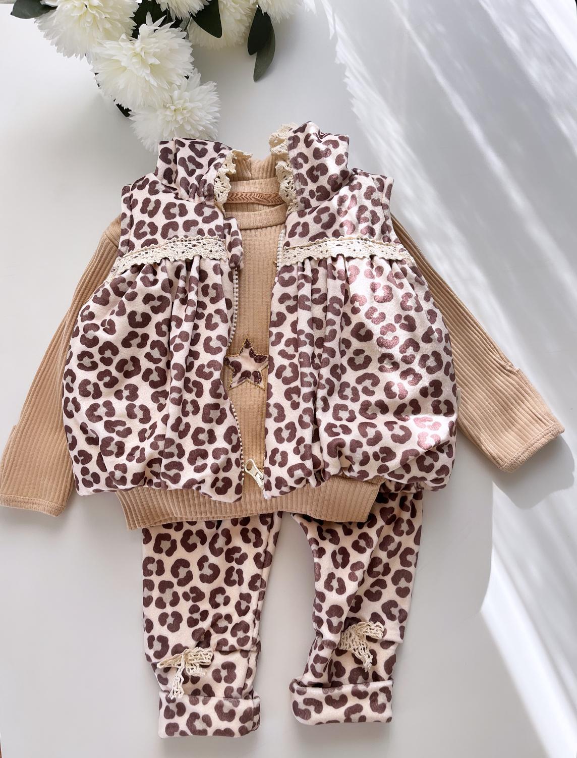 Kız Bebek Leopar Desenli Şişme Yelekli Takım - Bej 