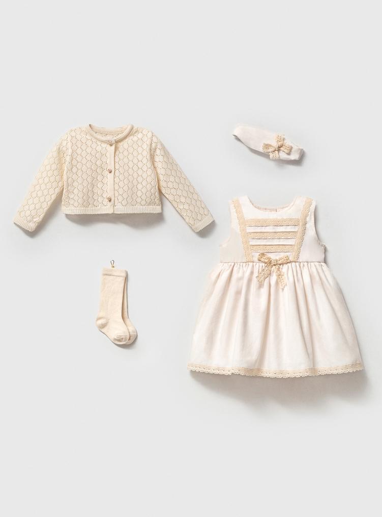 Kız Bebek Kopanaki Detaylı 4 Parça Elbise Set - Ekru ( Özel Kutulu)