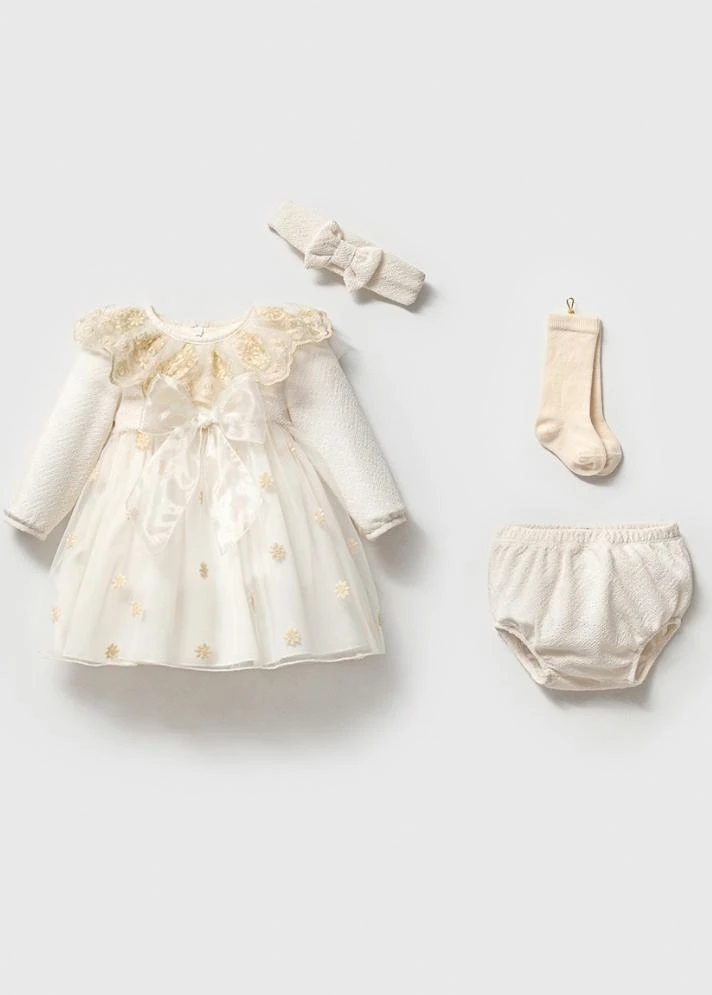 Fiyonk Detaylı Tüllü 4 Parça Elbise Set - Ekru ( Özel Kutulu )