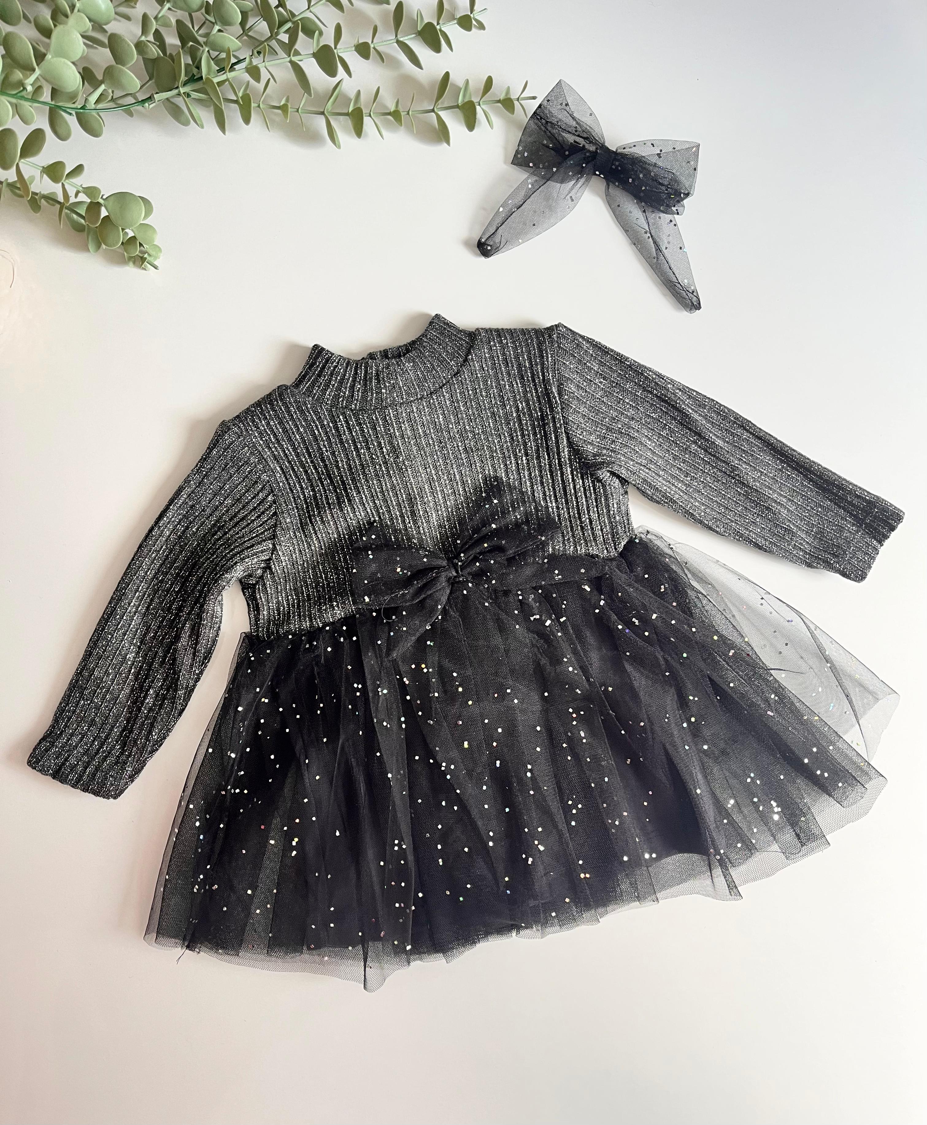 Simli Tül Etekli Triko Tül Tokalı Elbise - Siyah