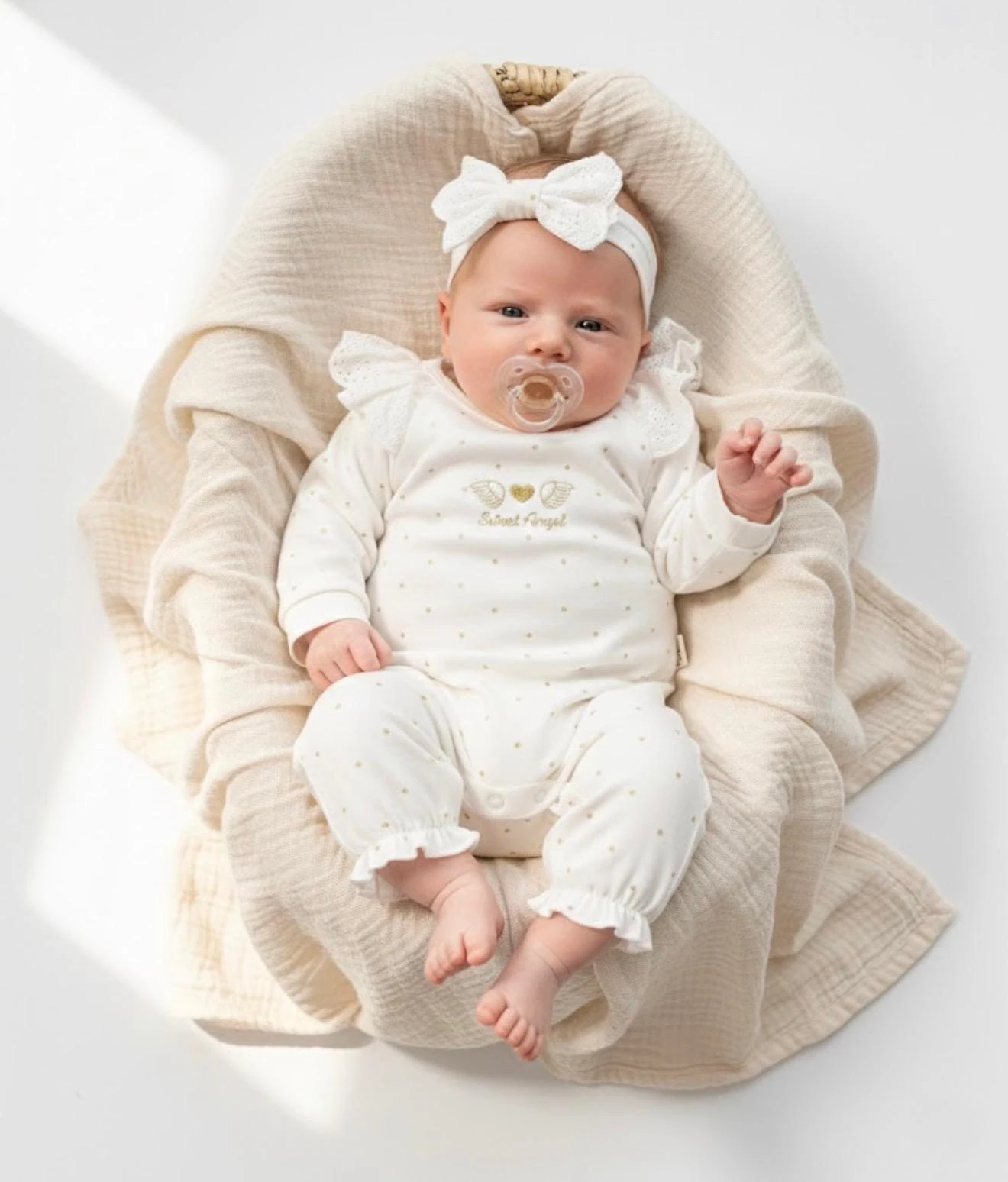 Kız Bebek  Pamuklu Angel Arkası Kanat Detaylı Omuzları Dantelli Bandanalı Tulum - Ekru
