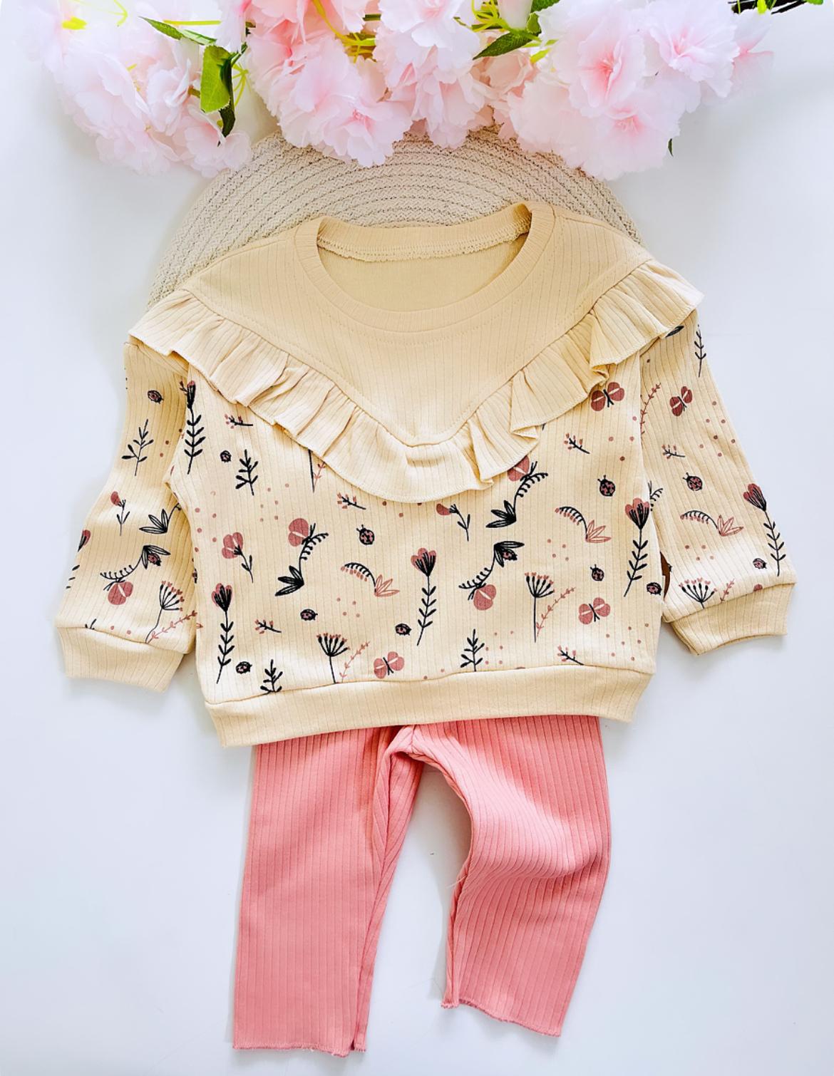 Kız Bebek Çiçek Detaylı Mevsimlik 2'li Takım - Pudra