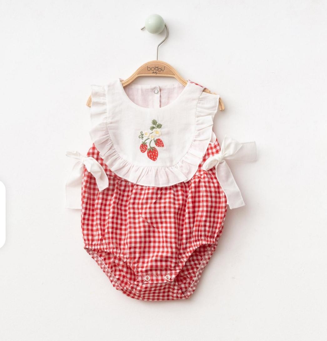 Kız Bebek Çilek Baskılı Romper - Kırmızı