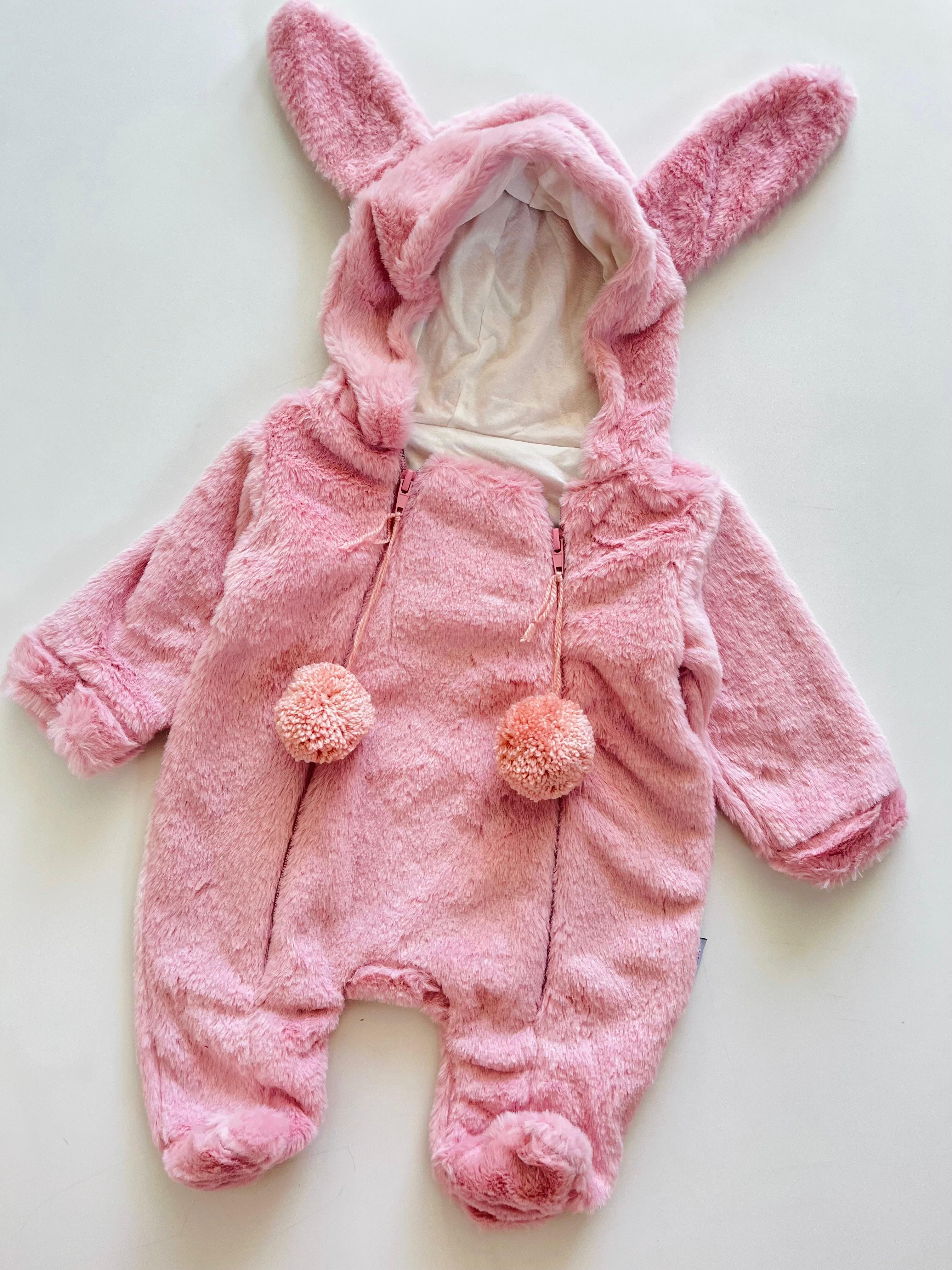 Tavşan Kulaklı Peluş Çift Fermuarlı İçi Astarlı Tulum - Pembe
