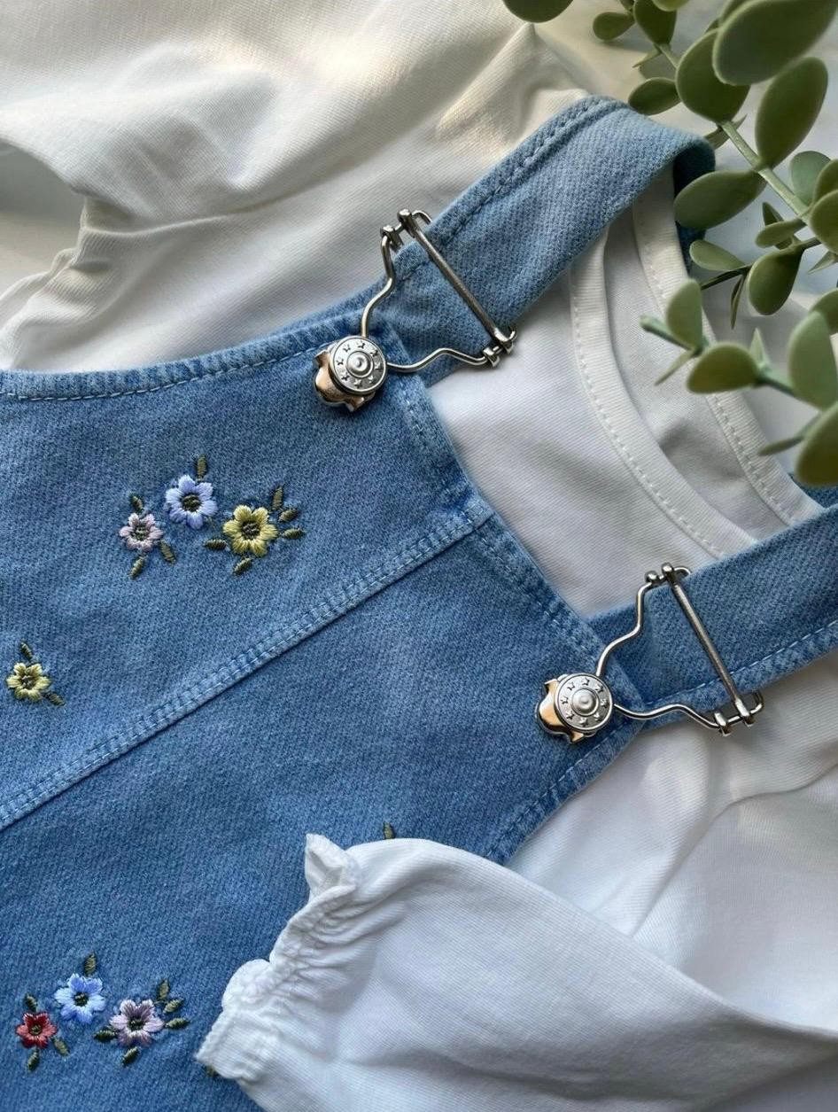 Kız Bebek Renkli Çiçek İşlemeli Salopet Tshirt 2'li Takım -Mavi