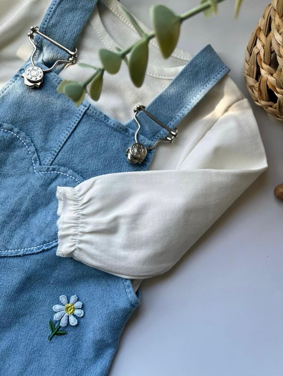 Kız Bebek Papatya İşlemeli Kot Jile Elbise Tshirt - Mavi