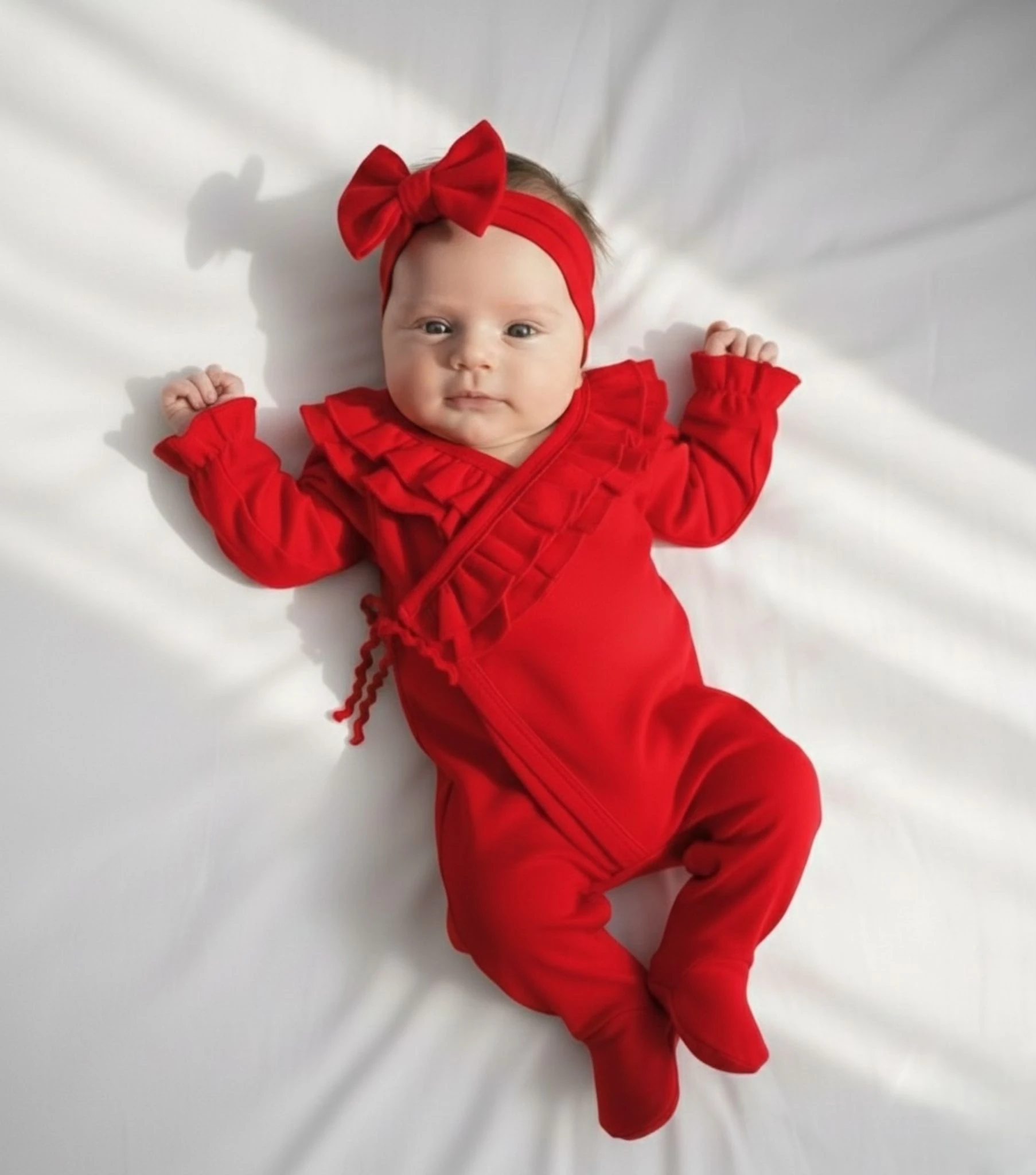 Kız Bebek Pamuklu Fırfır Detaylı Kruvaze Yakalı Bandanalı 2'li Tulum Set - Kırmızı