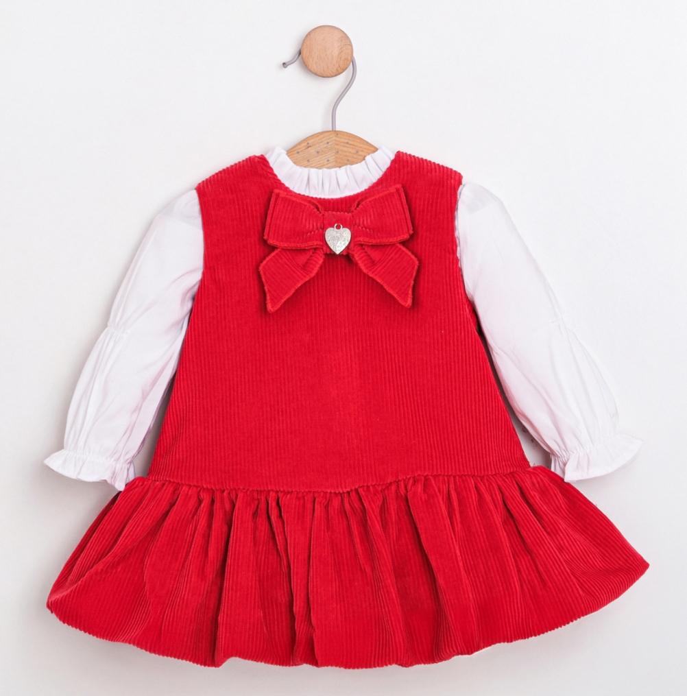 İlenıa Kız Bebek Kadife Fiyonk Detaylı Elbise Gömlek Set - Kırmızı