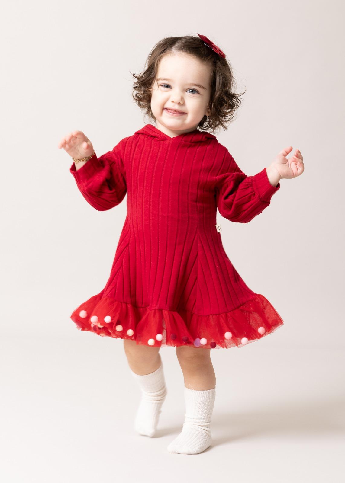 Kız Bebek Candy Ponponlu Puffy Elbise - Bordo