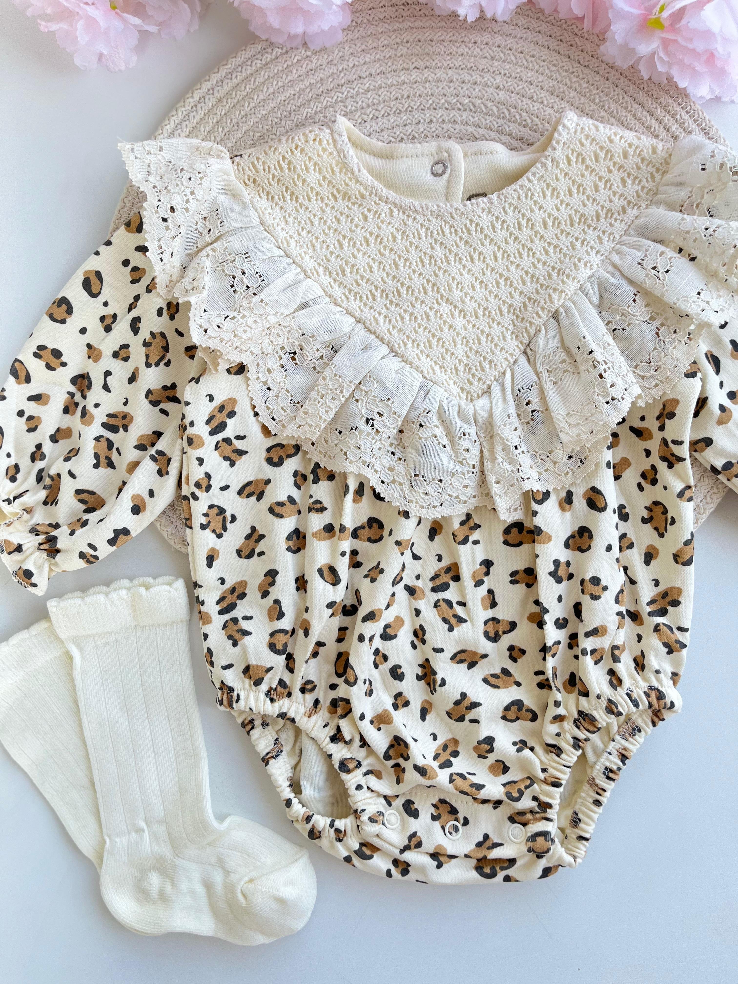 Kız Bebek Leopar Güpür Detaylı Romper