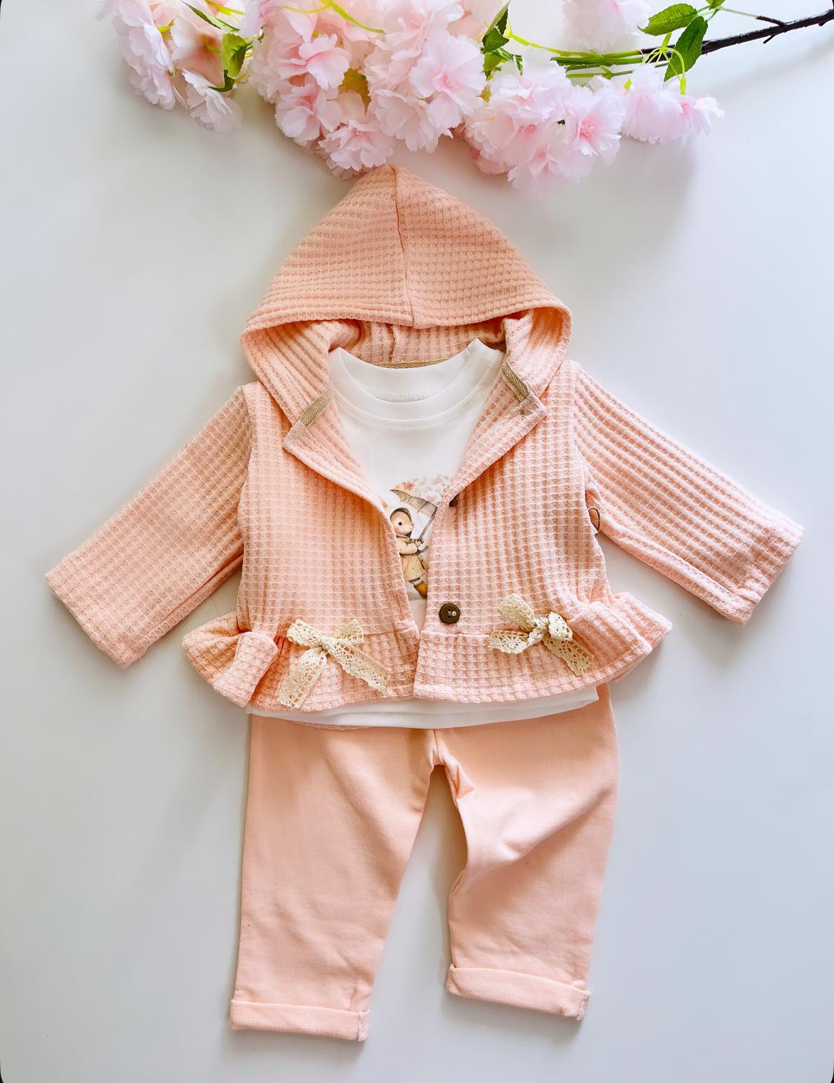 Kız Bebek Fiyonk Detaylı 3'lü Takım - Somon