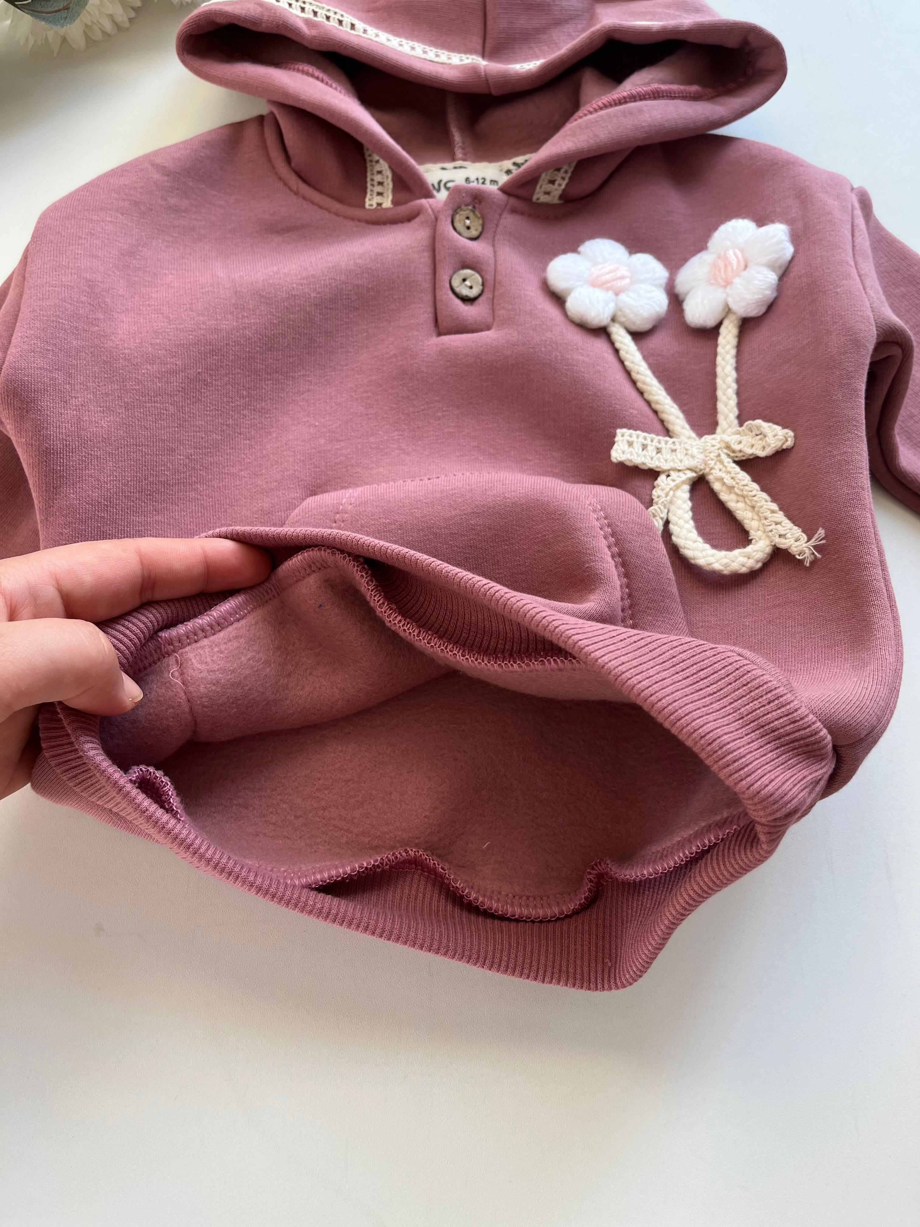 Kız Bebek Örme Papatyalı Dantel Detaylı Şardonlu Sweat Takım - Gül Kurusu