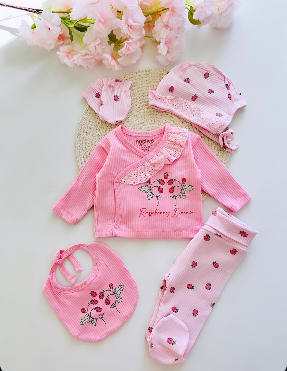 Kız Bebek Ahududu Desenli Kruvaze Dantel Detaylı 5'li Yenidoğan Set