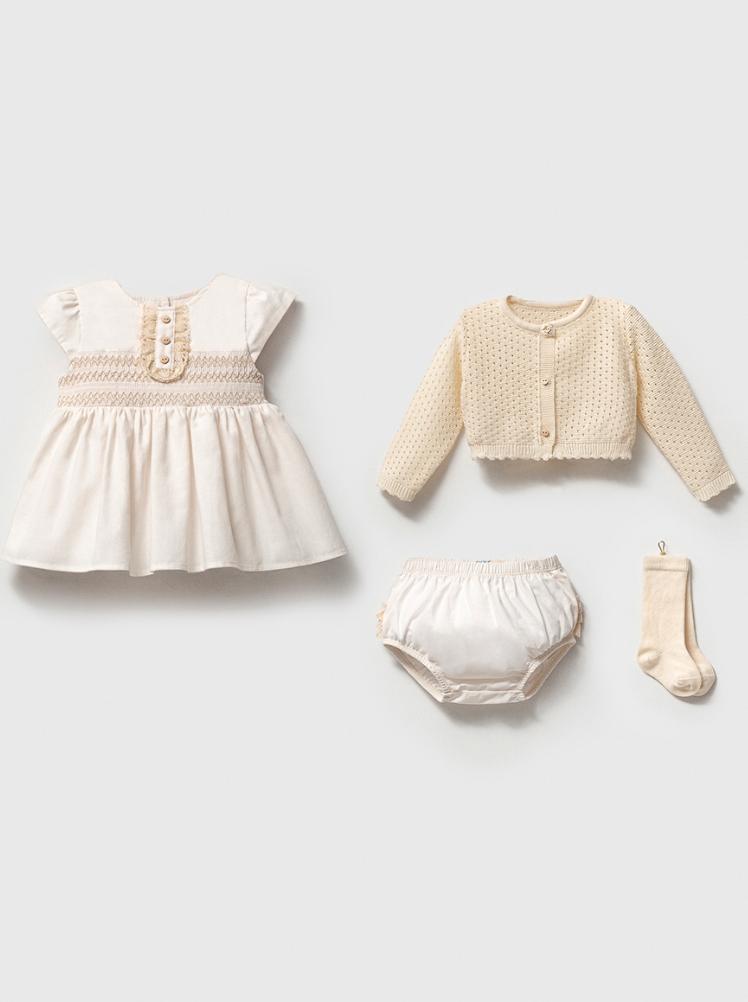 Kız Bebek Yaka Detaylı 4 Parça Elbise Set - Ekru (Özel Kutulu )