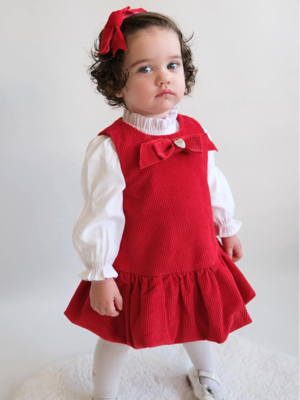 İlenıa Kız Bebek Kadife Fiyonk Detaylı Elbise Gömlek Set - Kırmızı