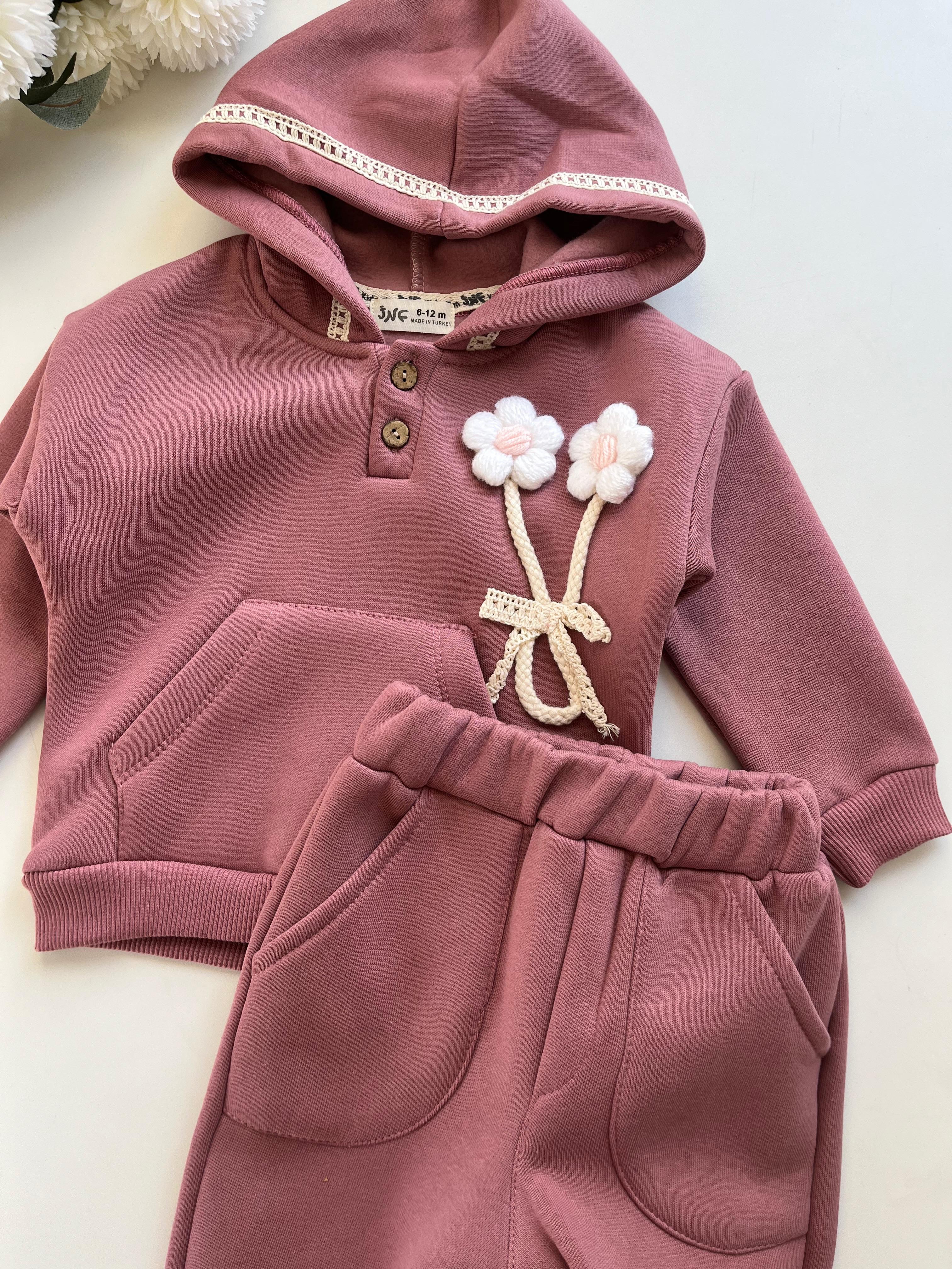 Kız Bebek Örme Papatyalı Dantel Detaylı Şardonlu Sweat Takım - Gül Kurusu