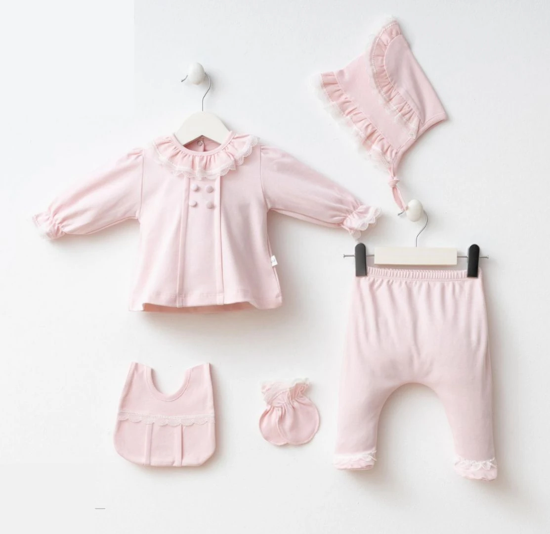 Elegant Pamuklu Tül Detaylı 5'li Yanidoğan Hsatane Çıkış Seti - Pembe 