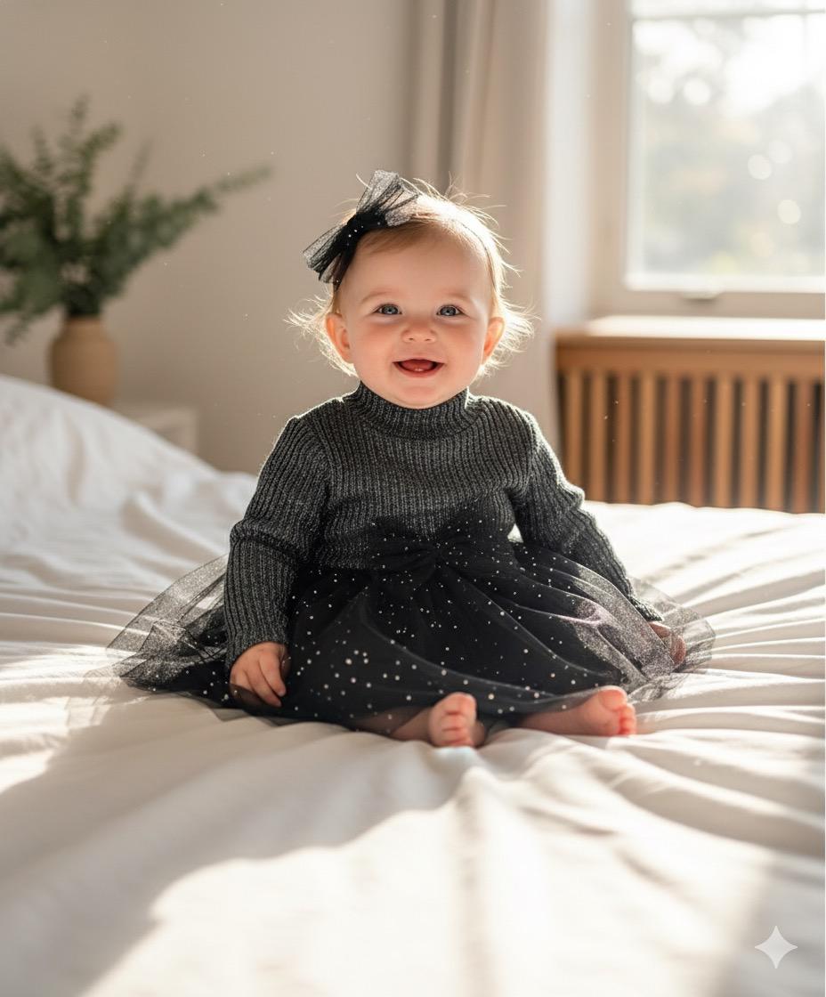 Simli Tül Etekli Triko Tül Tokalı Elbise - Siyah