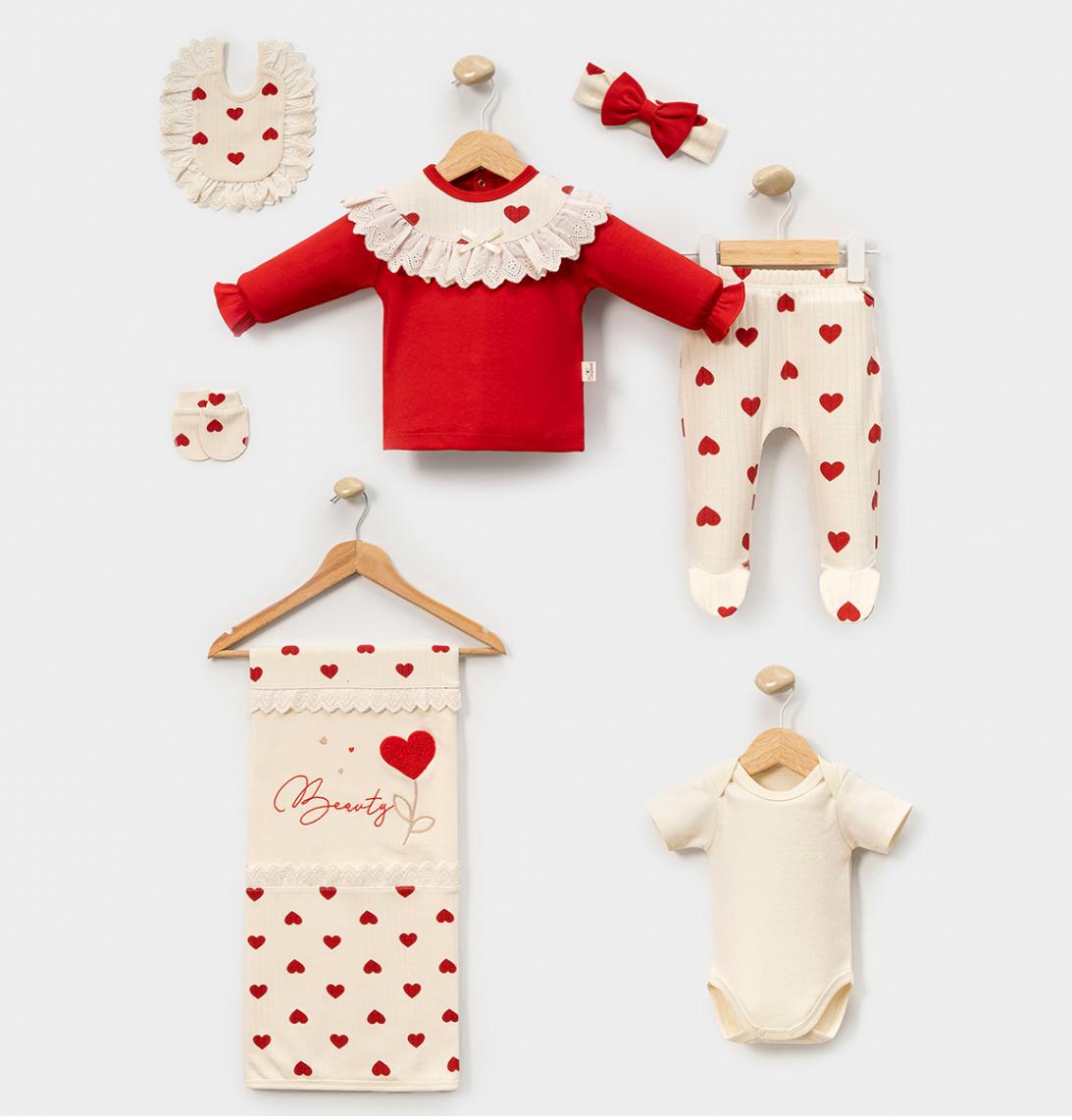 Kız Bebek Pamuklu Kalp Desenli 7'li Hastane Çıkış Seti - Kırmızı