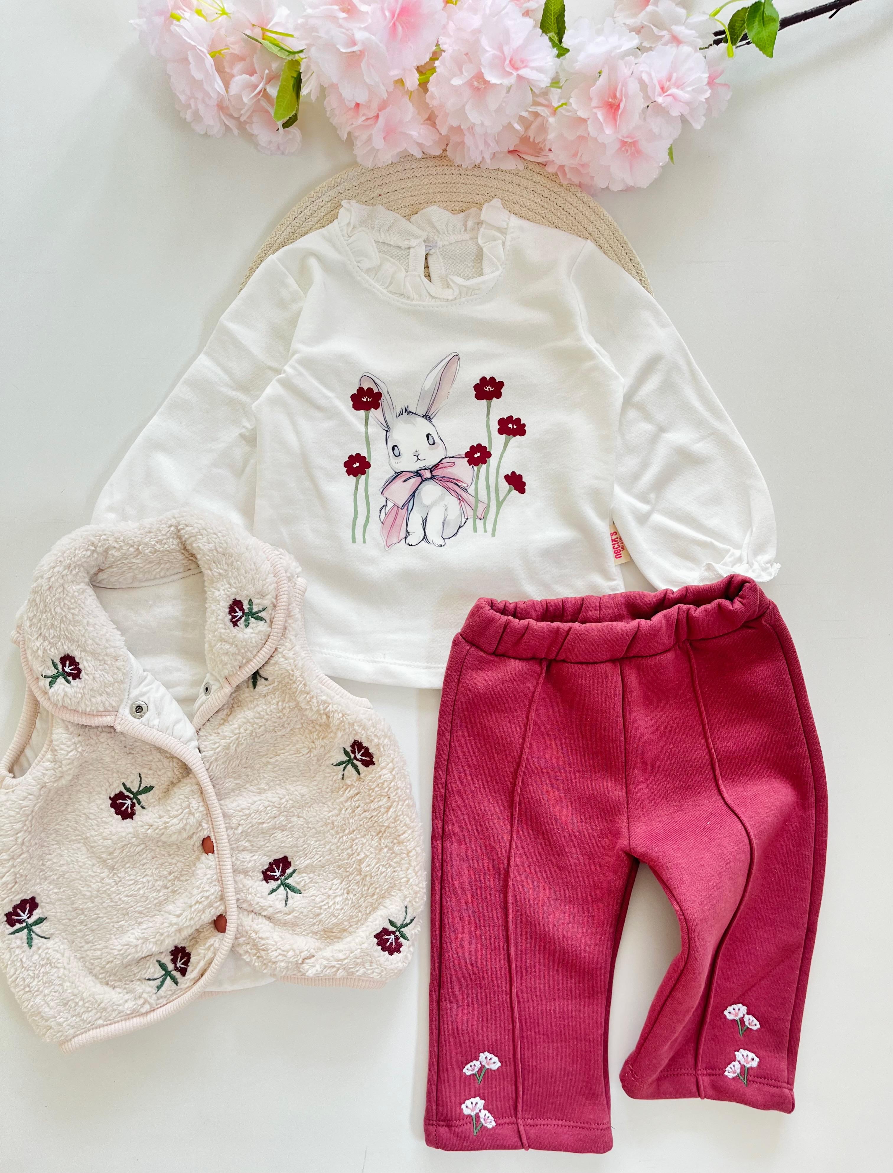 Kız Bebek Peluş Yelekli Çiçek İşlemeli 3'lü Takım