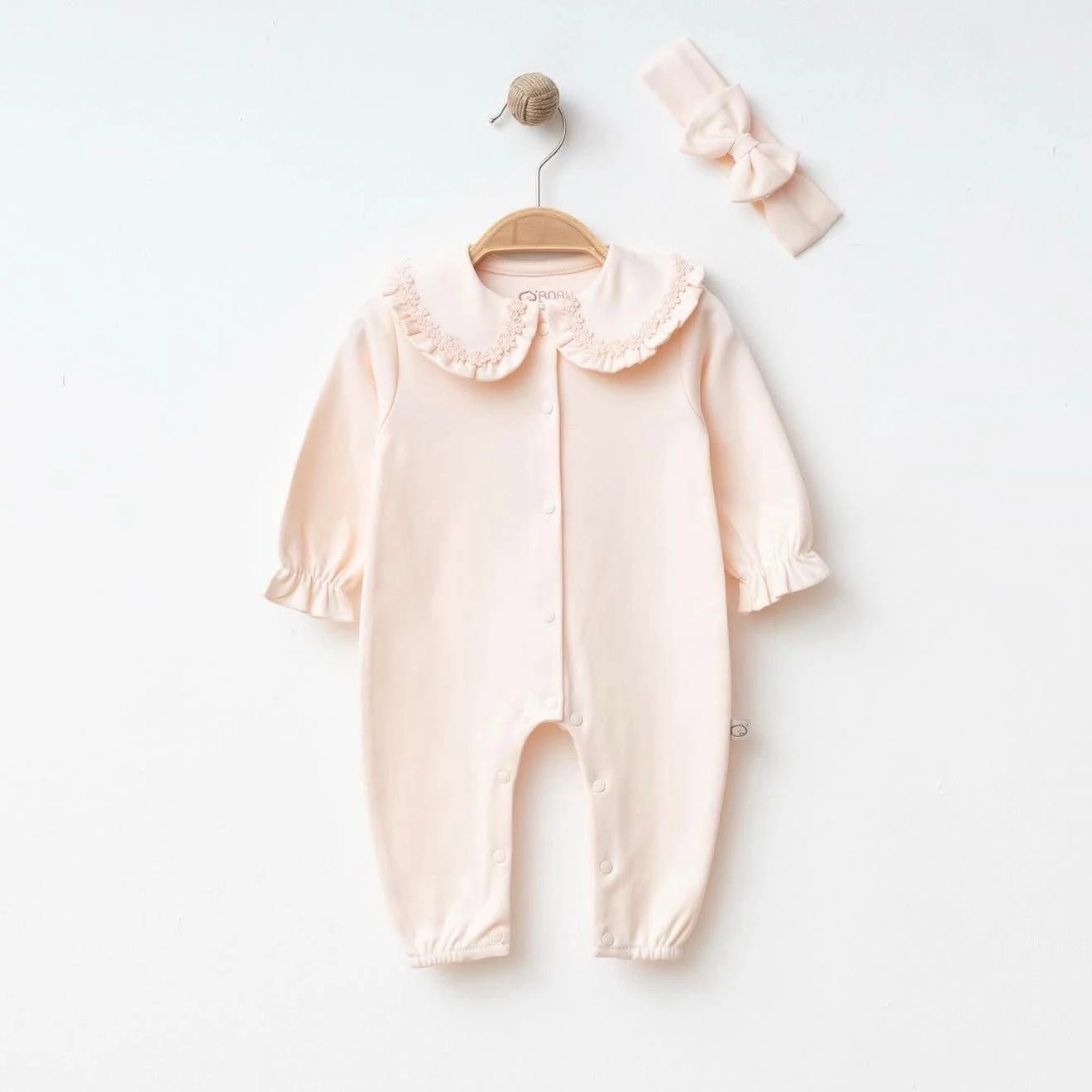 Pamuklu Yaka Çiçek İşlemeli Bandanalı Tulum - Somon 