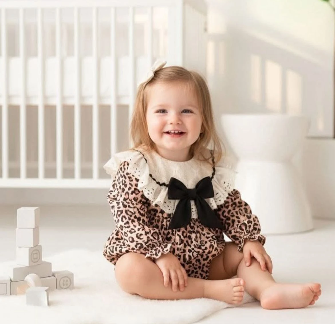 Kız Bebek Yaka Dantel Detaylı Kurdeleli Romper - Leopar 