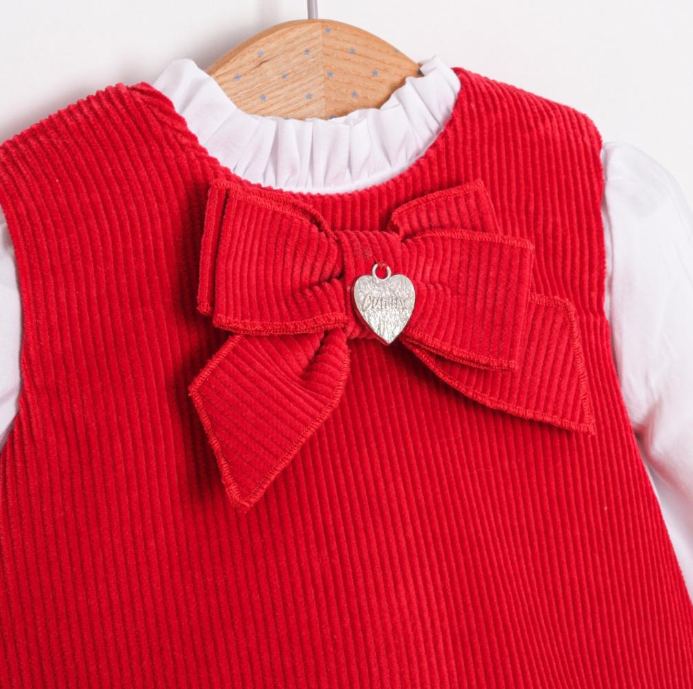 İlenıa Kız Bebek Kadife Fiyonk Detaylı Elbise Gömlek Set - Kırmızı