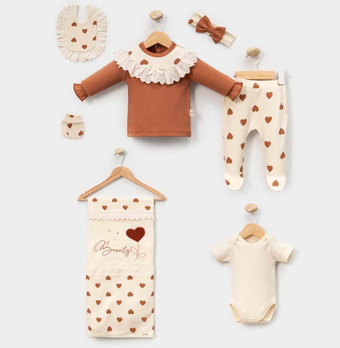 Kız Bebek Pamuklu Kalp Desenli 7'li Yenidoğan Hastane Çıkış Seti - Kahverengi