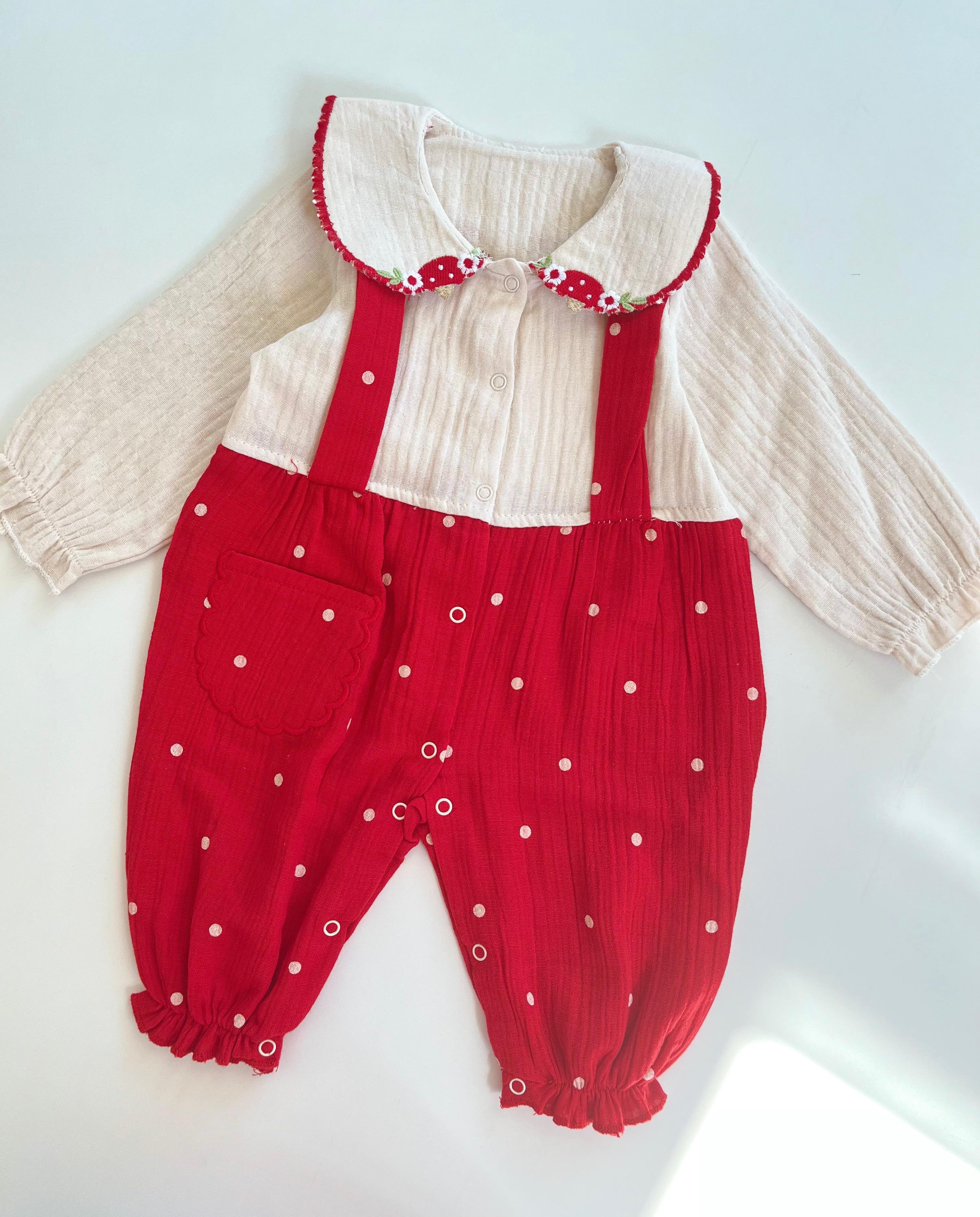 Kız Bebek Puantiyeli Yaka Detaylı Müslin Tulum - Kırmızı