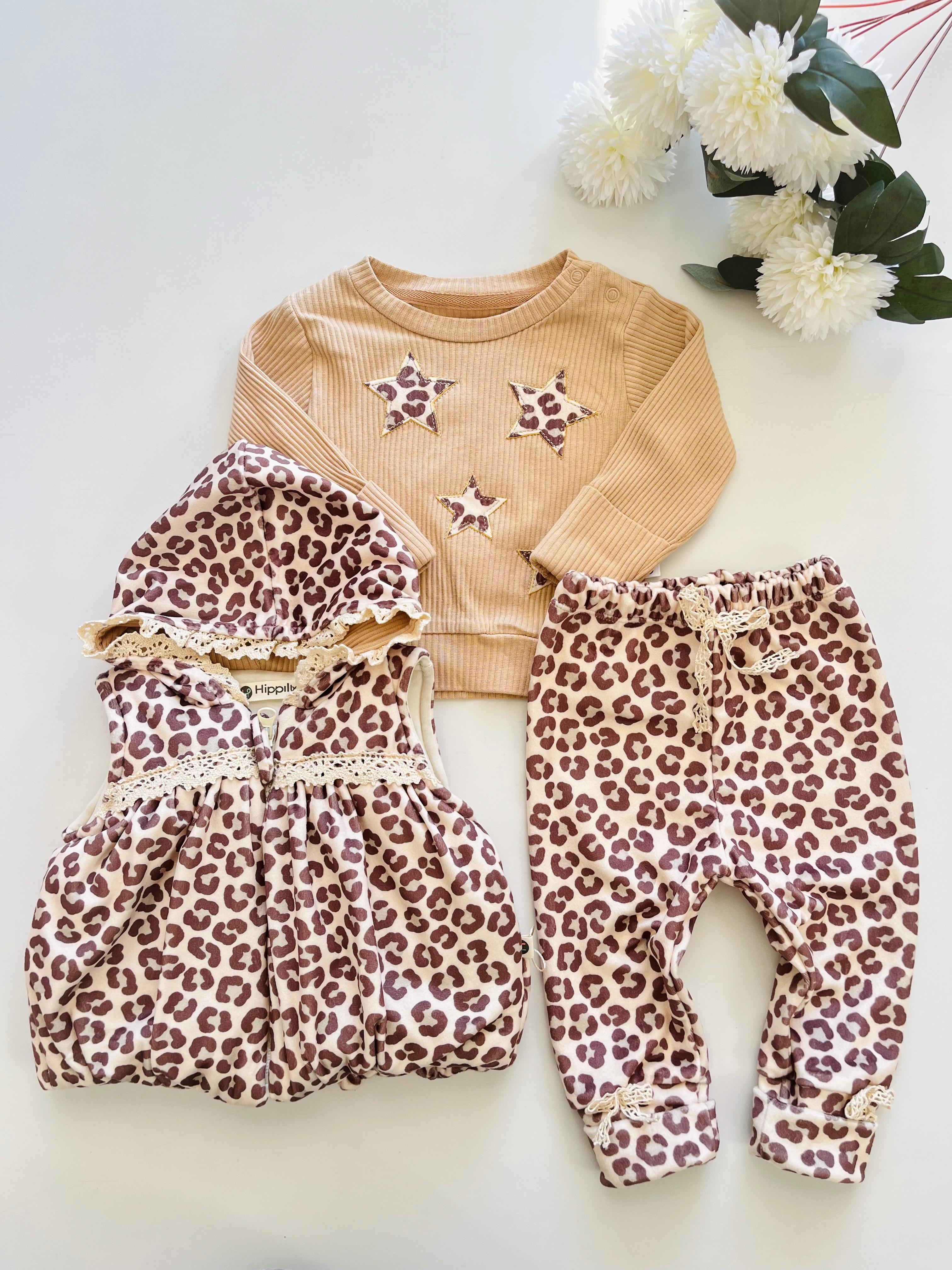 Kız Bebek Leopar Desenli Şişme Yelekli Takım - Bej 