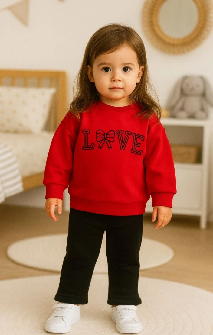 Love Nakışlı Omuz Detaylı 2'li Takım - Kırmızı