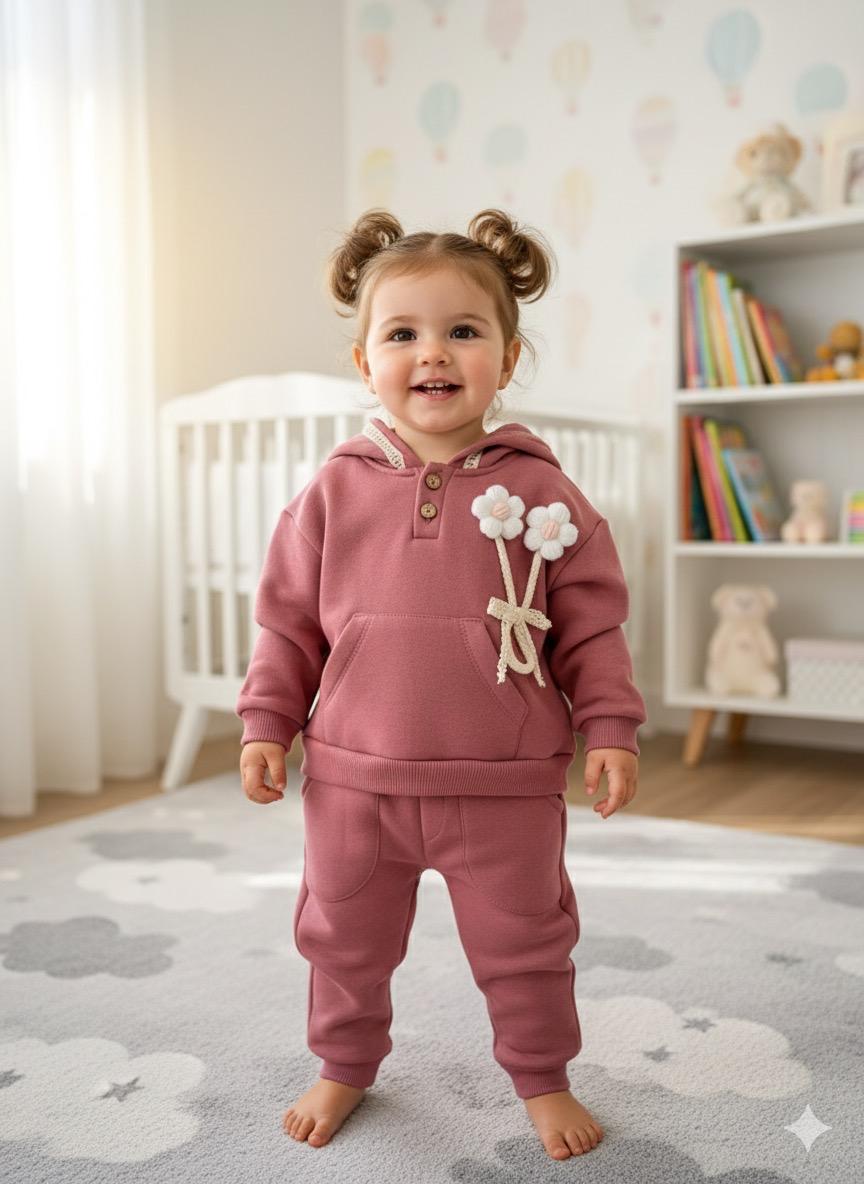 Kız Bebek Örme Papatyalı Dantel Detaylı Şardonlu Sweat Takım - Gül Kurusu