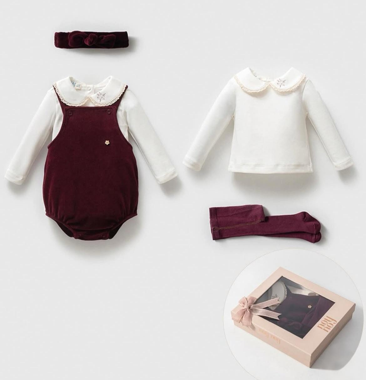 Kız Bebek Premium Kadife Bordo 4'lü Takım Özel Kutulu Set