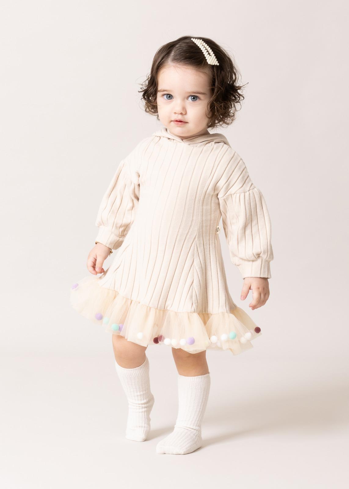 Kız Bebek Candy  Ponponlu Puffy Elbise - Vanilya