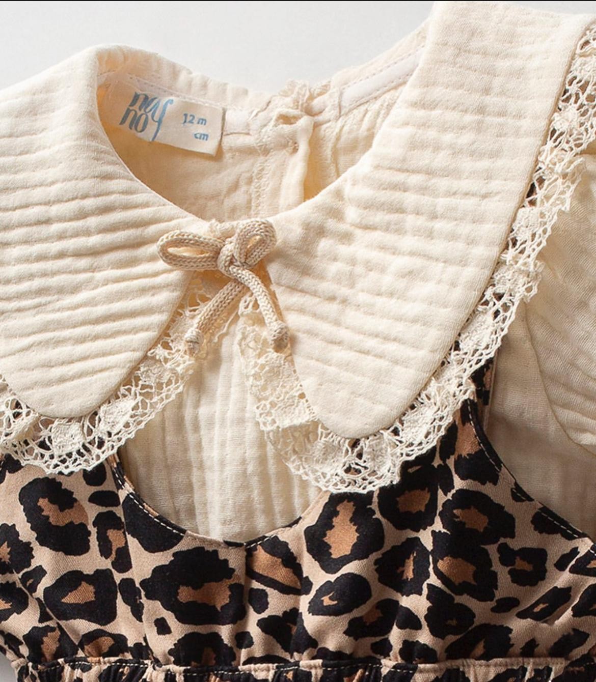 Bebe Yaka Leoparlı Salopet 2'li Set - Krem
