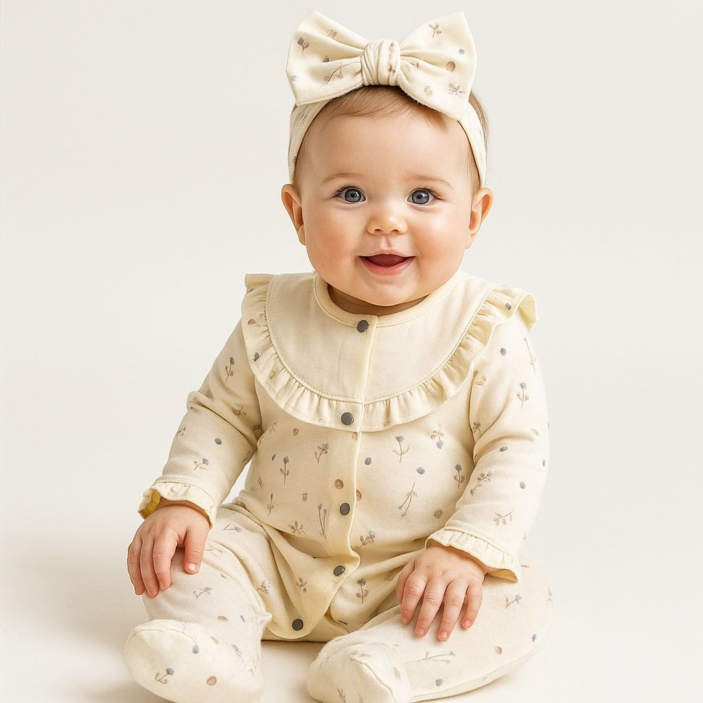 Kız Bebek Fırfırlı Tomurcuk Desenli Tulum Bandana Set -Krem