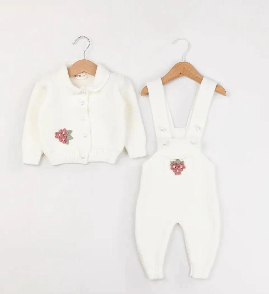 Kız bebek Yünlü Örme Çiçek İşlemeli Sapolet Hırka Takım - Ekru