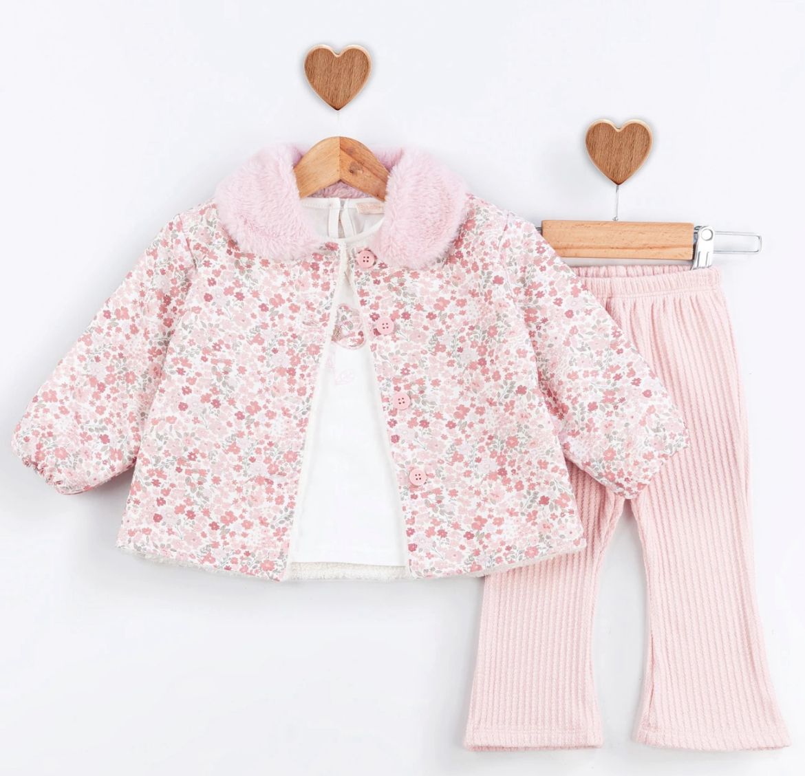 Kız Bebek Çıtır Çiçekli Peluş Montlu 3'lü Takım - Pembe 