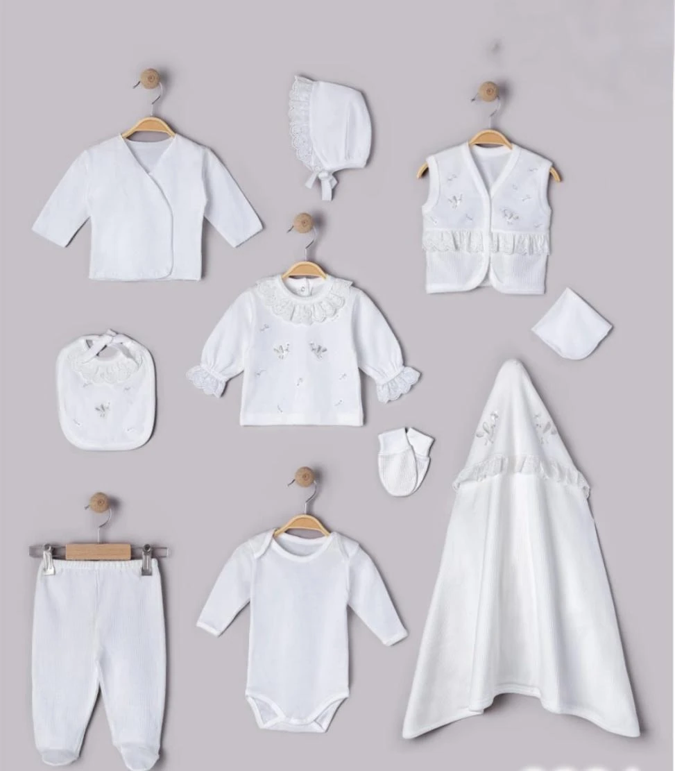 Pamuklu Fisto Detayı Kuş İşlemeli 10'lu Yenidoğan Hastane Çıkış Seti