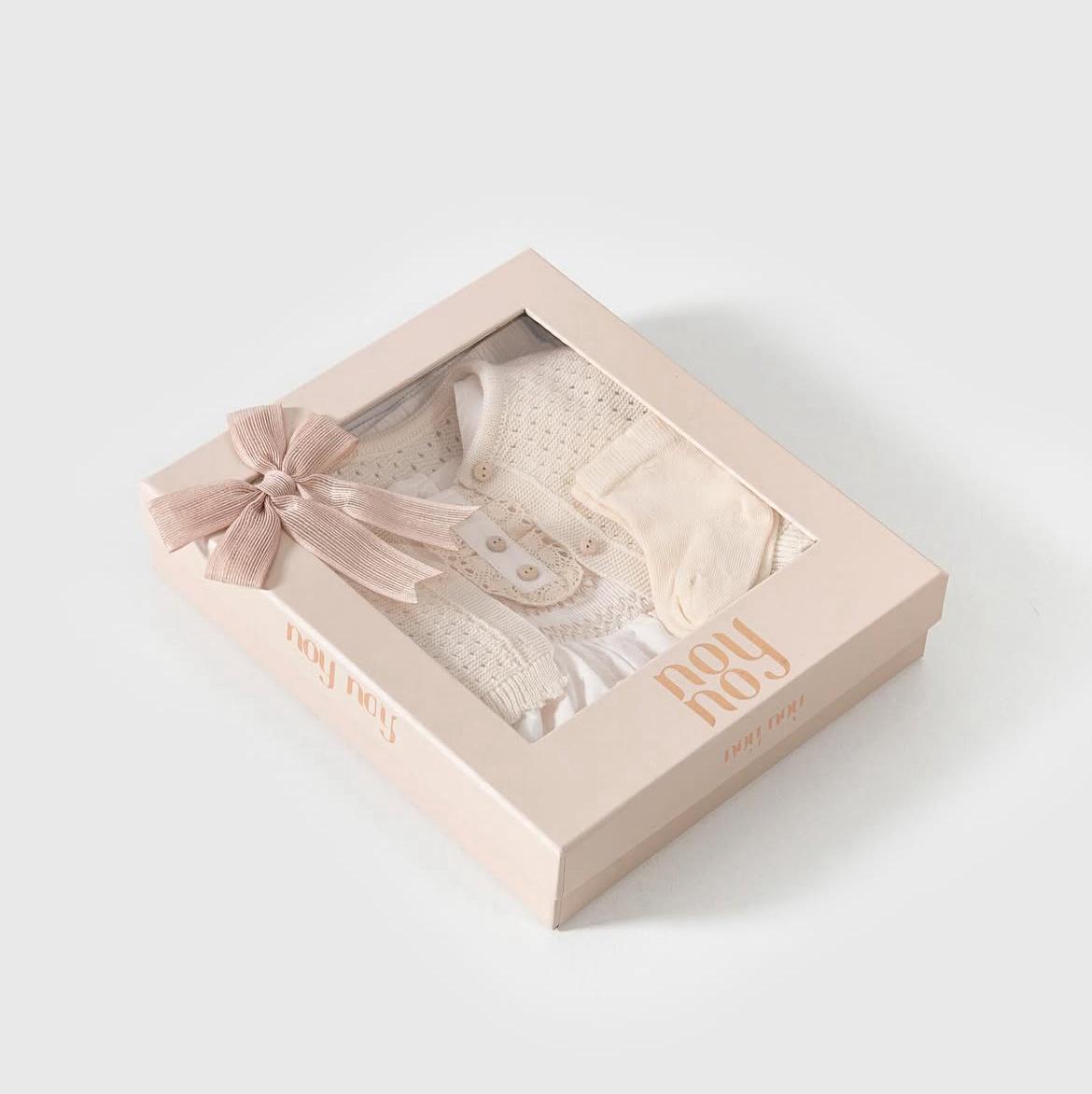 Kız Bebek Yaka Detaylı 4 Parça Elbise Set - Ekru (Özel Kutulu )