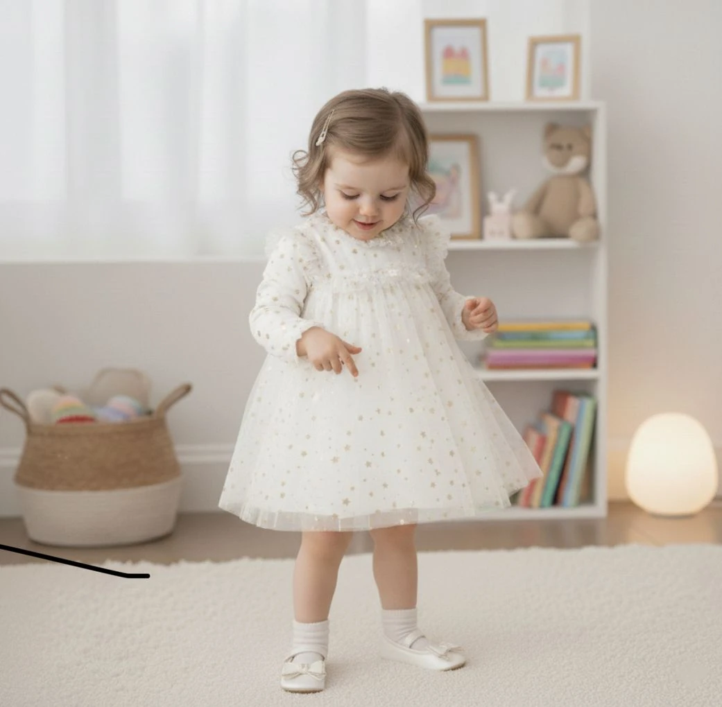 Kız Bebek Gold Yıldız Detaylı İçi Pamuk Penye Astarlı Tül Elbise - Ekru