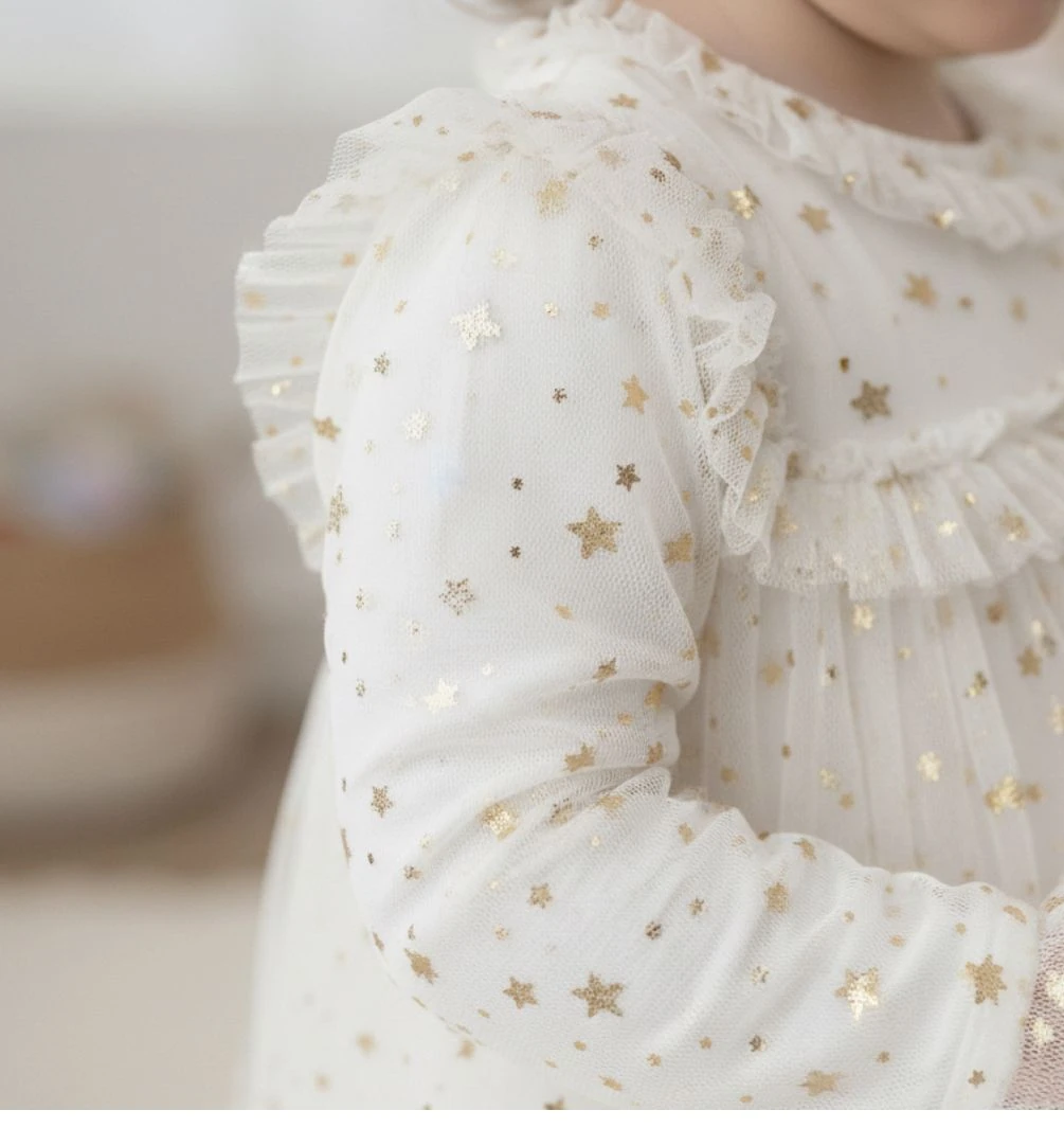 Kız Bebek Gold Yıldız Detaylı İçi Pamuk Penye Astarlı Tül Elbise - Ekru