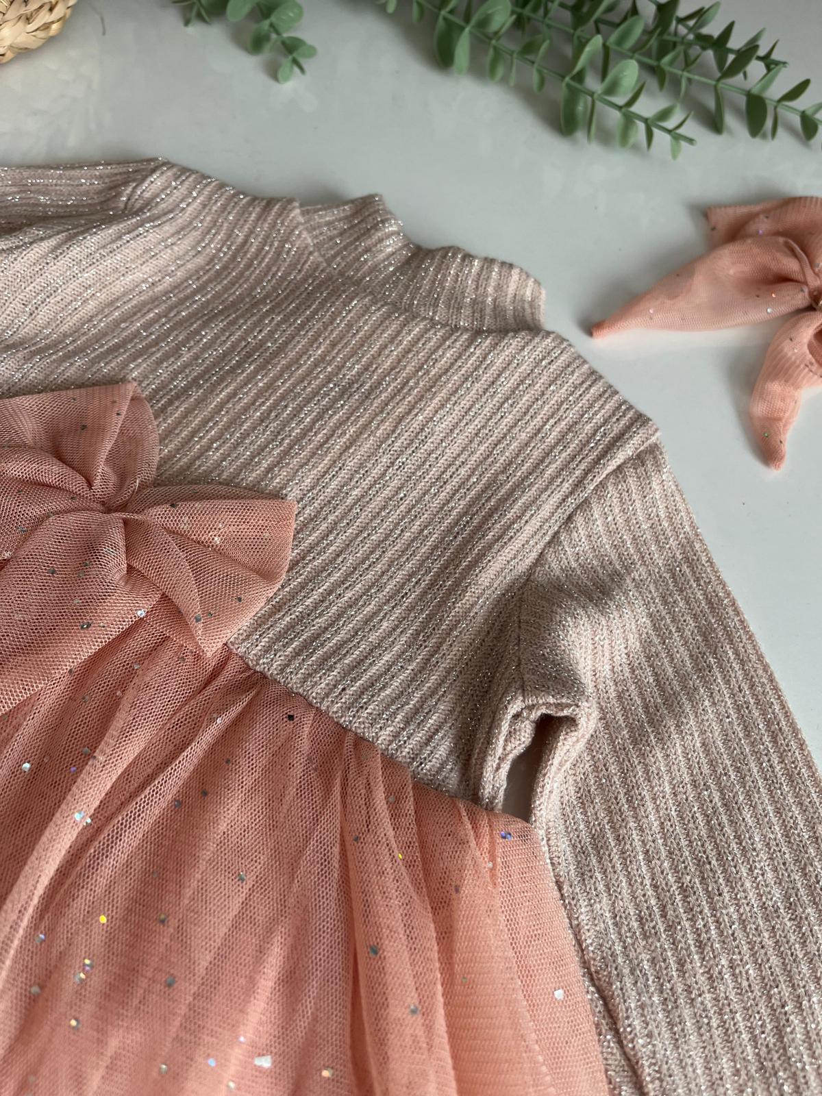 Simli Tül Etekli Triko Tül Tokalı Elbise - Pudra 