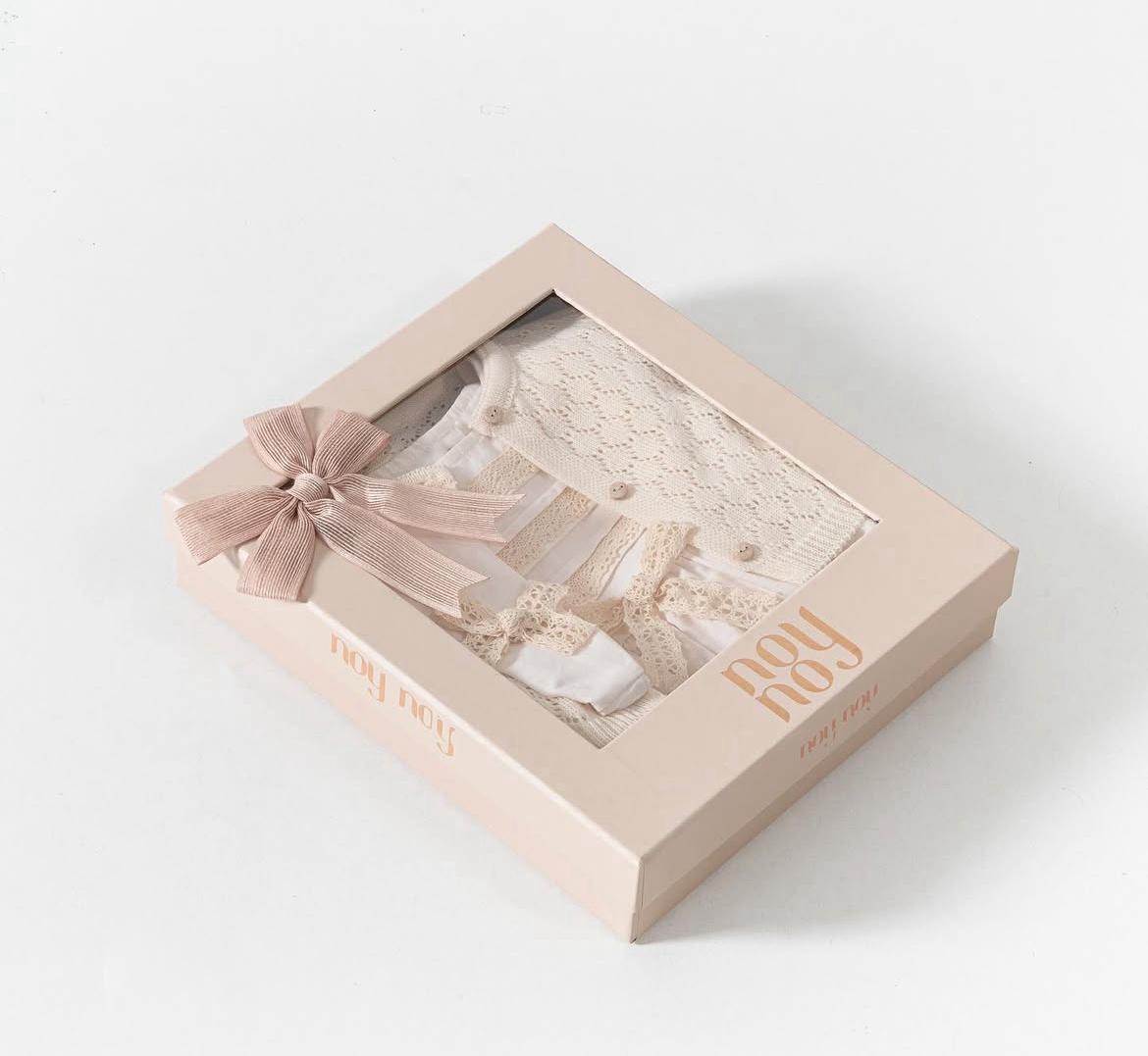 Kız Bebek Kopanaki Detaylı 4 Parça Elbise Set - Ekru ( Özel Kutulu)