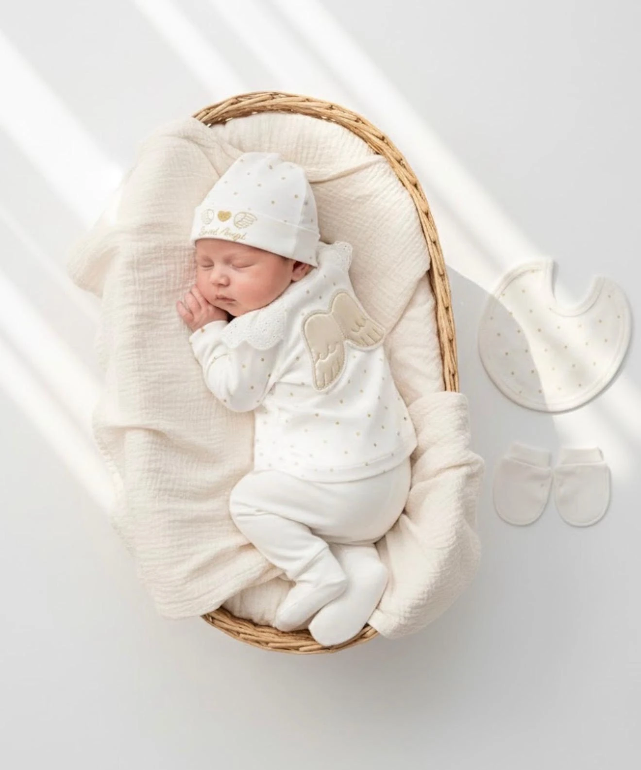 Pamuklu Angel Arkası Kanat Detaylı 5'li Yenidoğan Set - Ekru