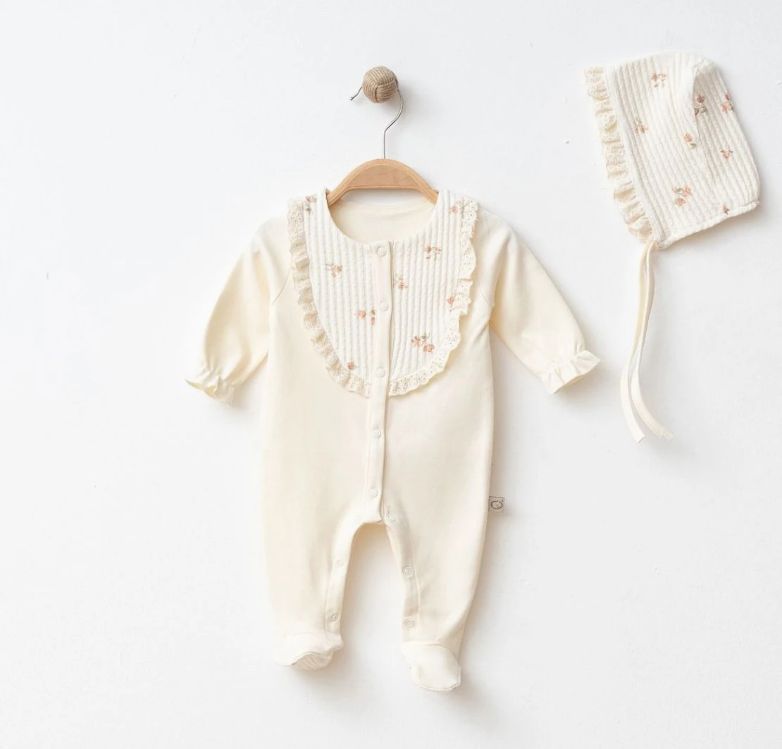 Kız Bebek Ay Çiçekli Jakarlı Tulum - Krem