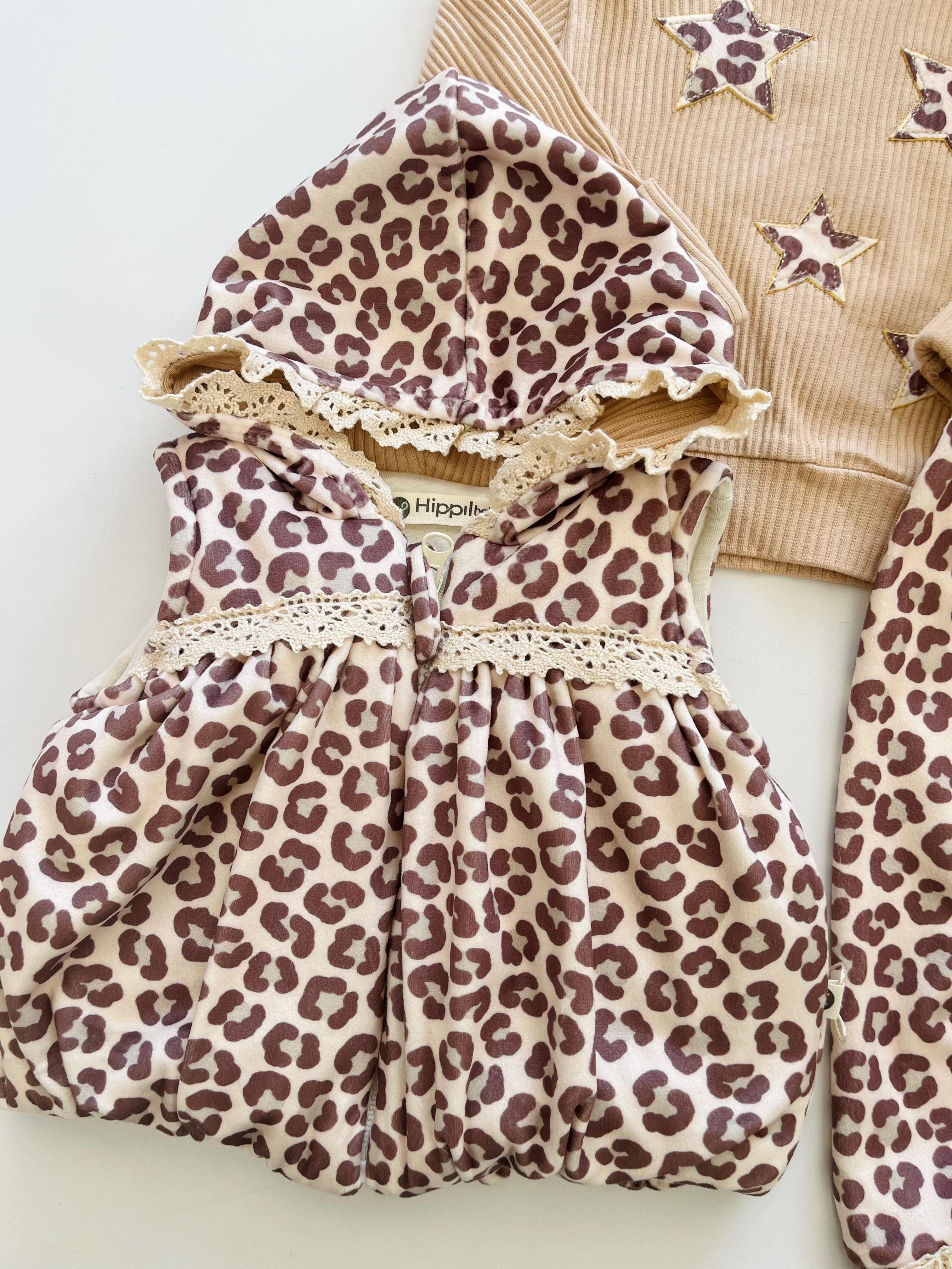 Kız Bebek Leopar Desenli Şişme Yelekli Takım - Bej 