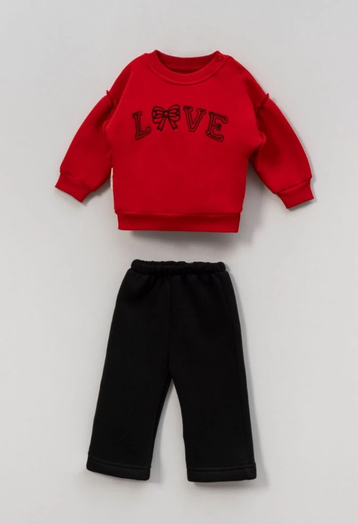Love Nakışlı Omuz Detaylı 2'li Takım - Kırmızı